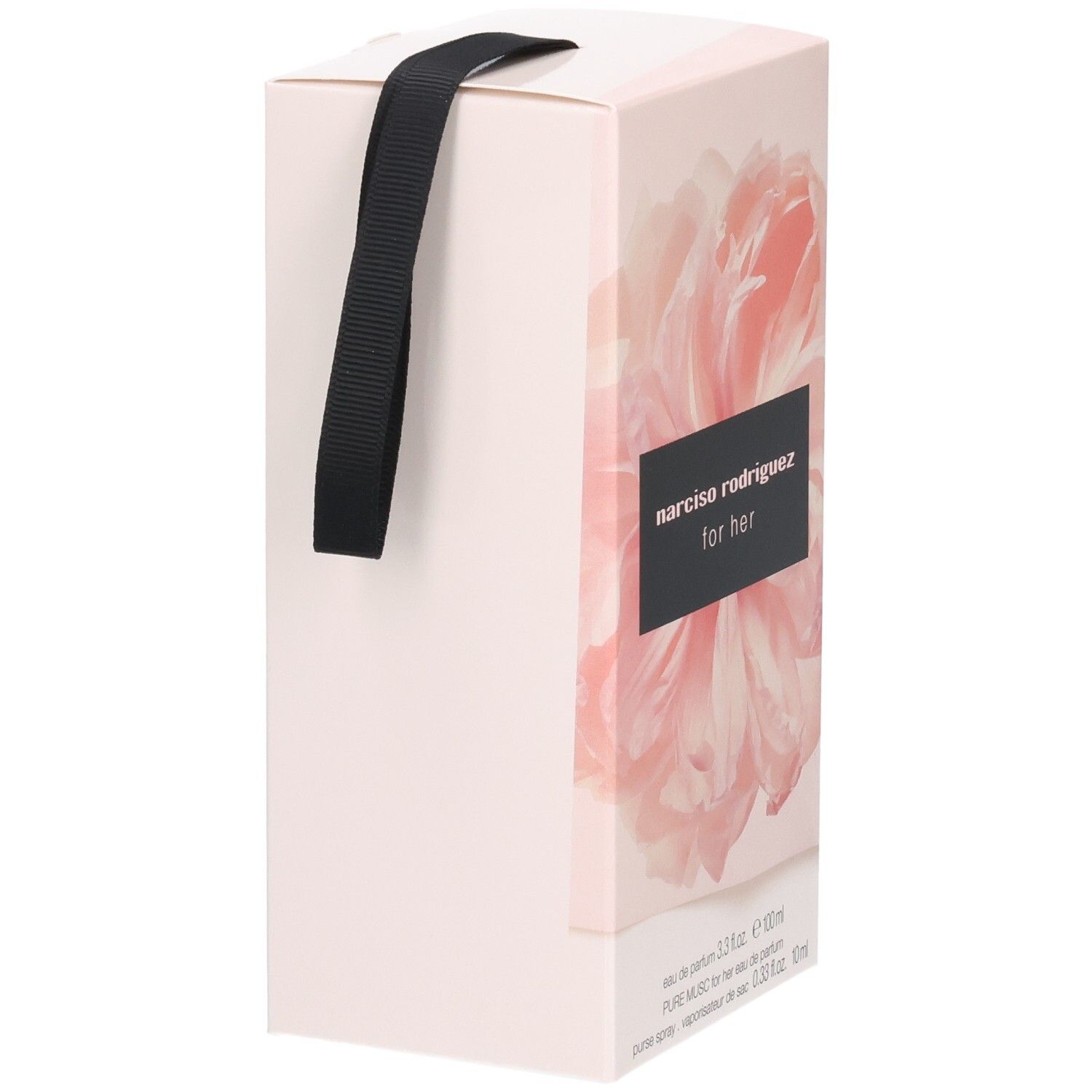 Verpackung für Narciso Rodriguez For Her Eau de Parfum mit Blumenmotiv und Henkel.