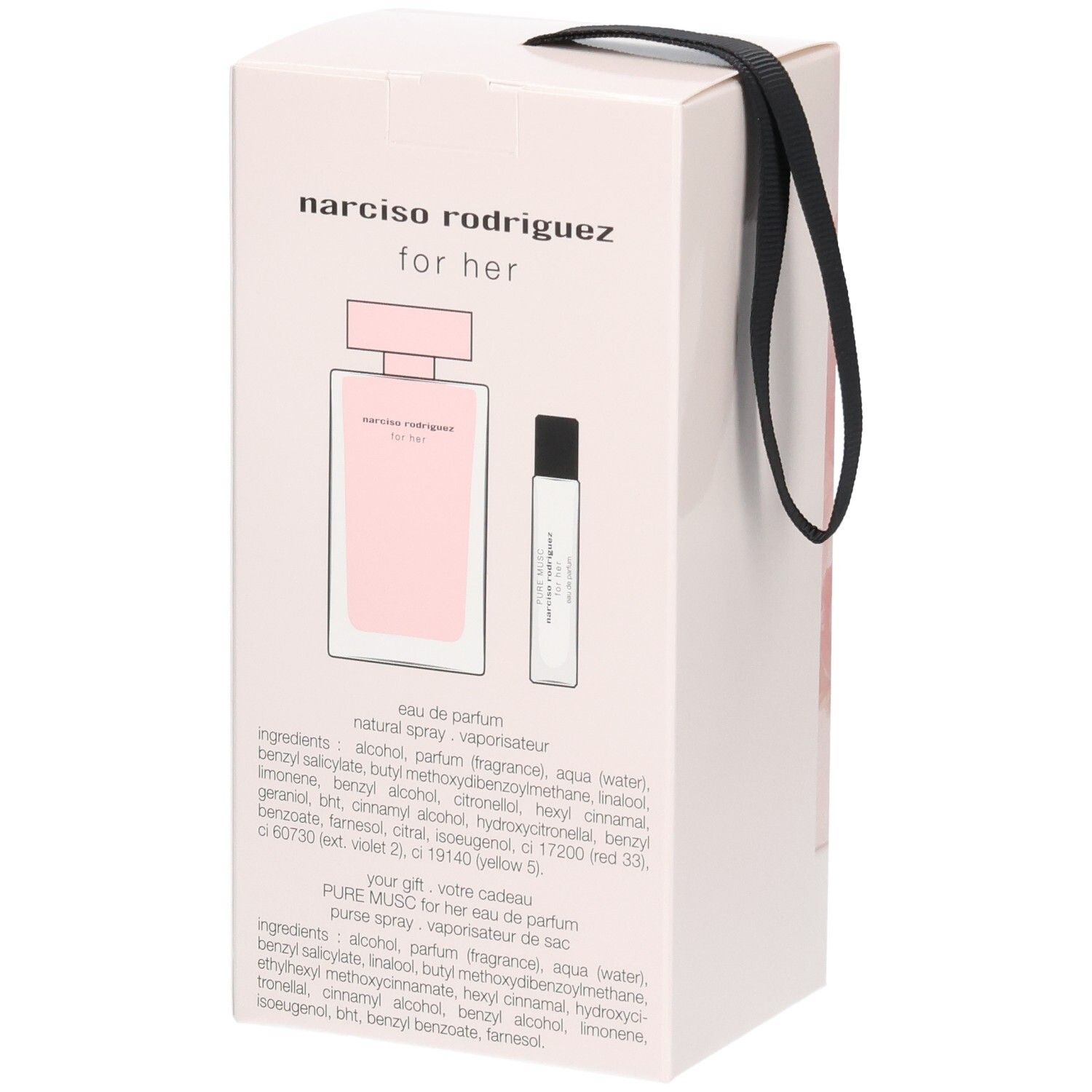Verpackung zeigt Flakon und Reisezerstäuber. Narciso Rodriguez For Her Eau de Parfum.