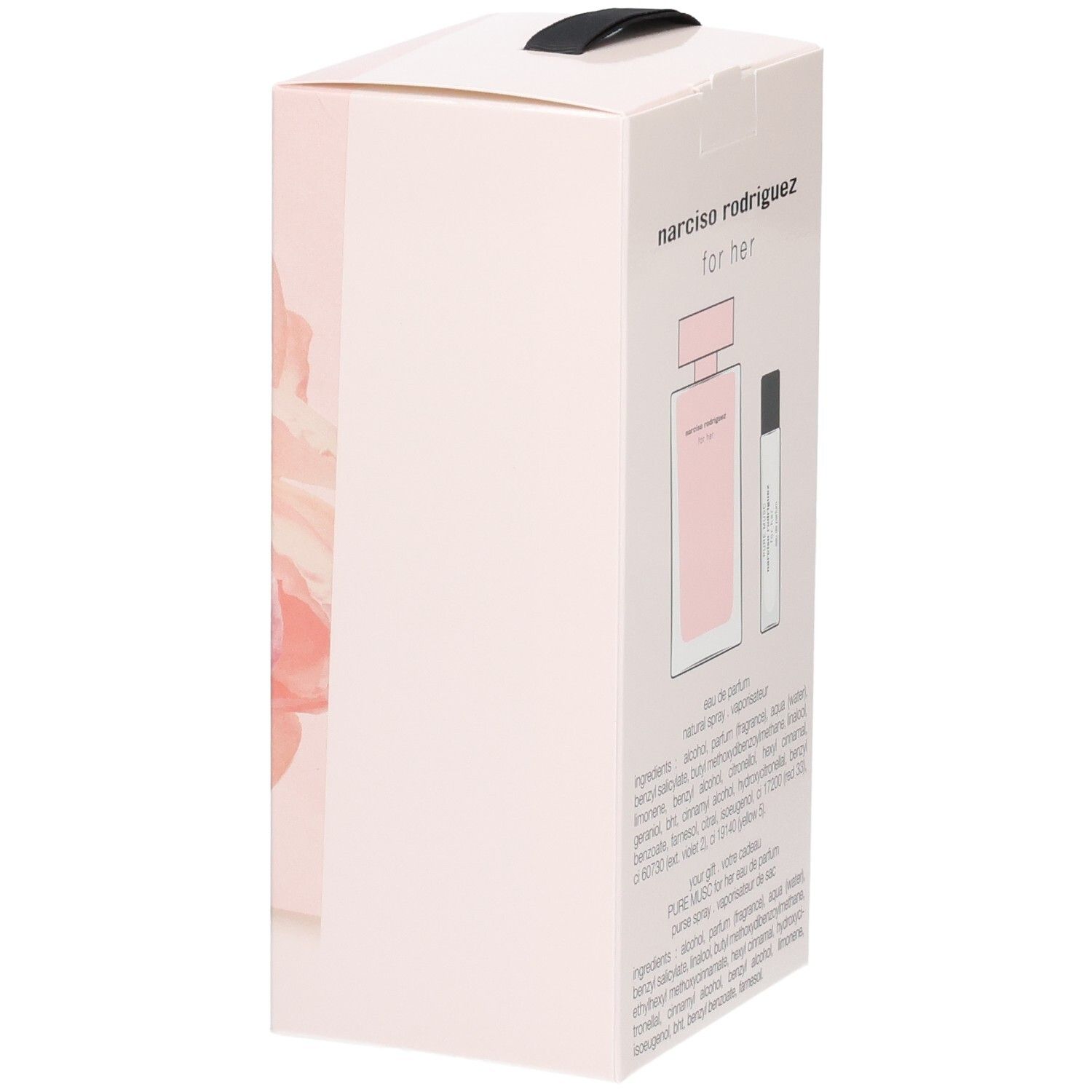 Verpackung zeigt Flakon und Reisezerstäuber. Narciso Rodriguez For Her Eau de Parfum.