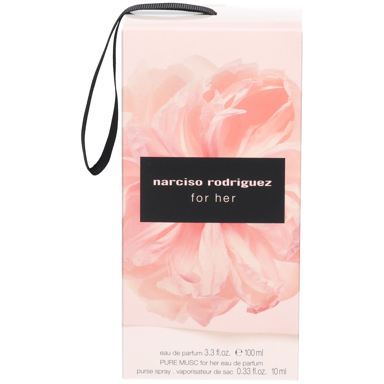 Verpackung für Narciso Rodriguez For Her Eau de Parfum mit Blumenmotiv und Henkel.