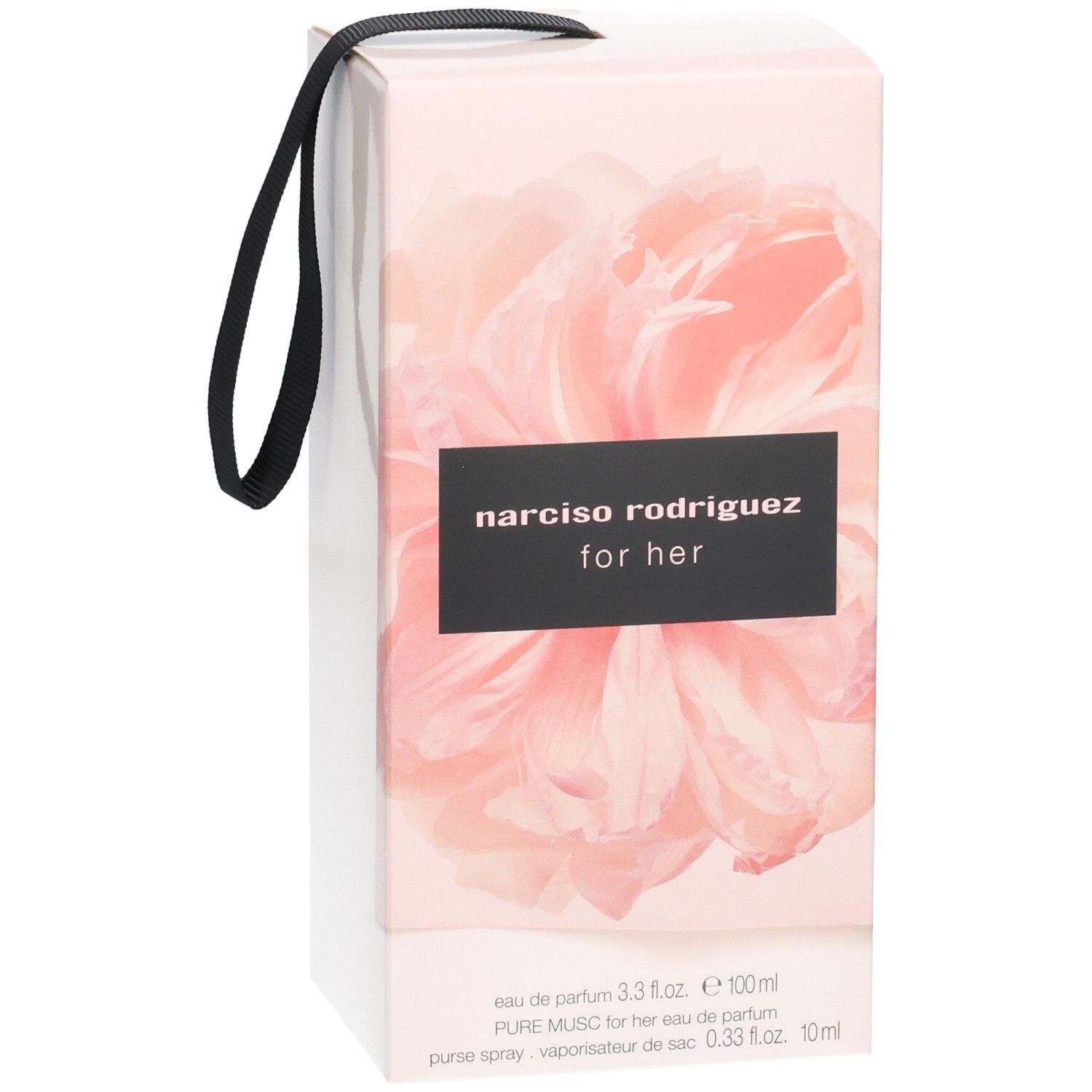 Verpackung für Narciso Rodriguez For Her Eau de Parfum mit Blumenmotiv und Henkel.