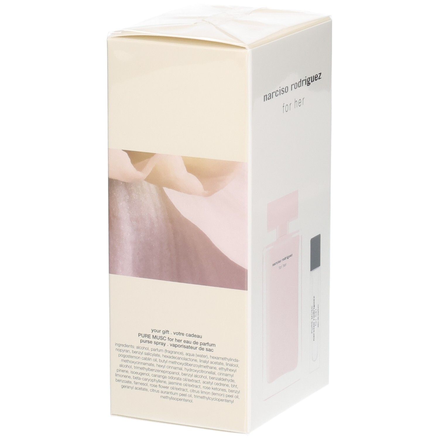 Verpackung Narciso Rodriguez For Her Coffret mit rosa Eau de Parfum Flakon und Probenzerstäuber.