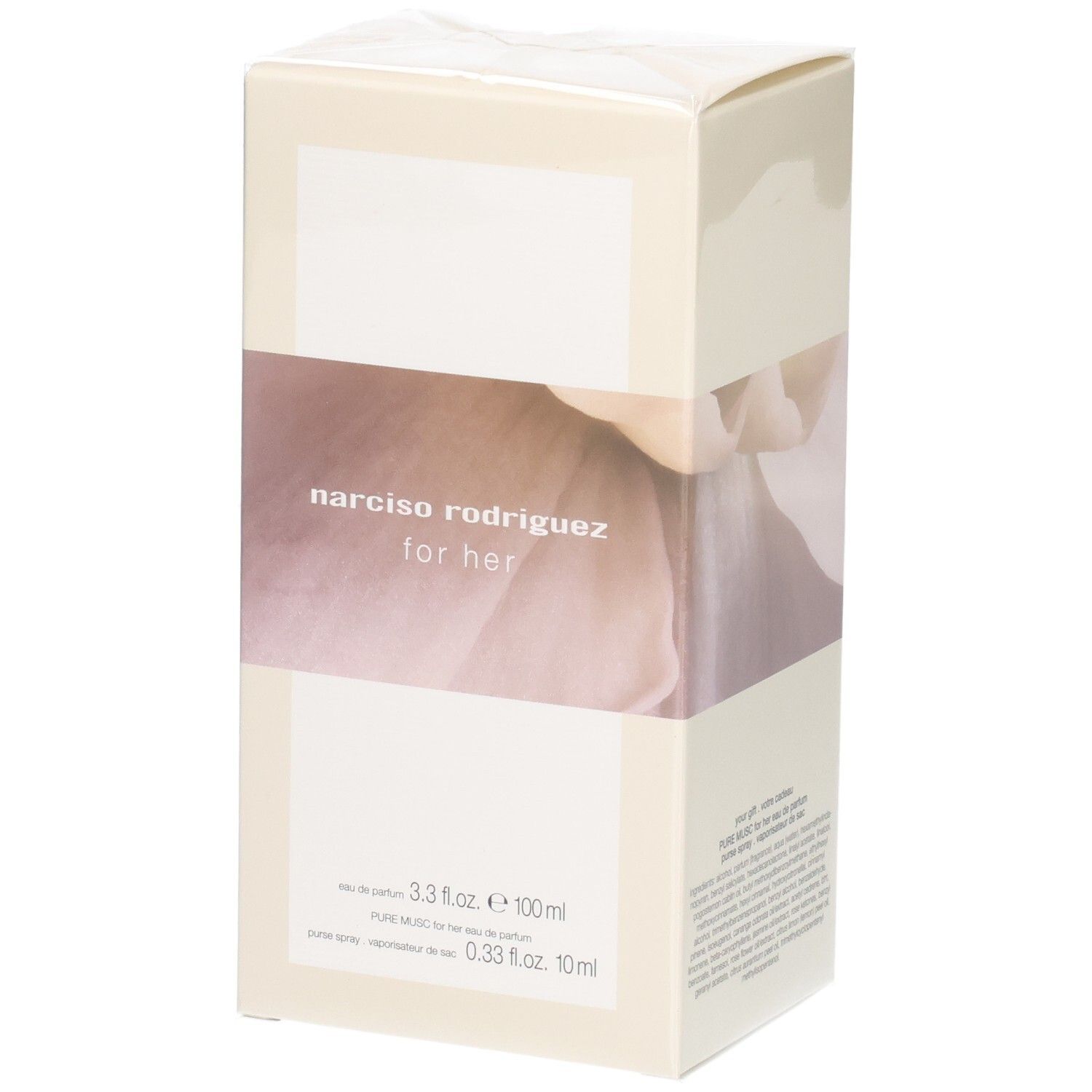 Narciso Rodriguez For Her Coffret: Rosa Eau de Parfum Flakon und ein Probenzerstäuber.