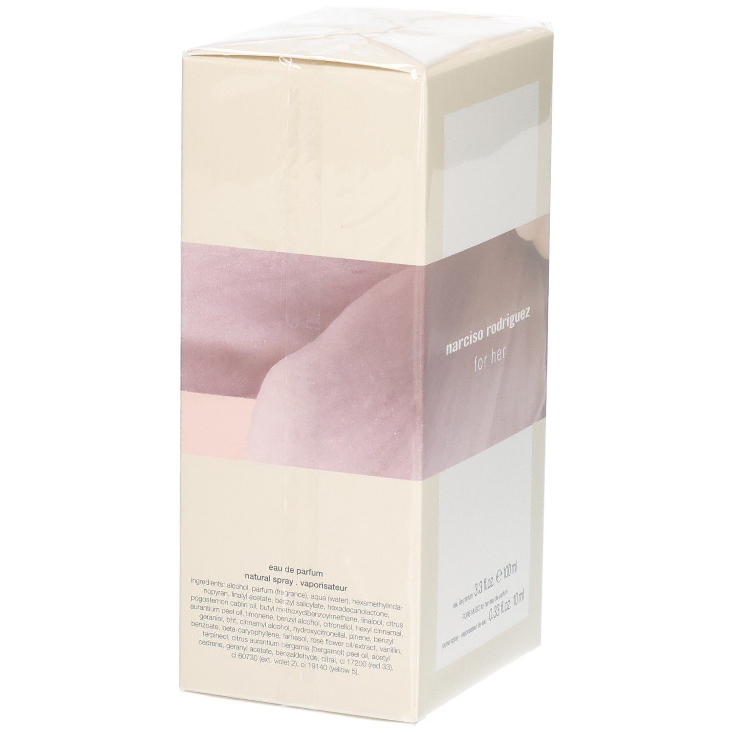 Verpackung Narciso Rodriguez For Her Coffret mit rosa Eau de Parfum Flakon und Probenzerstäuber.