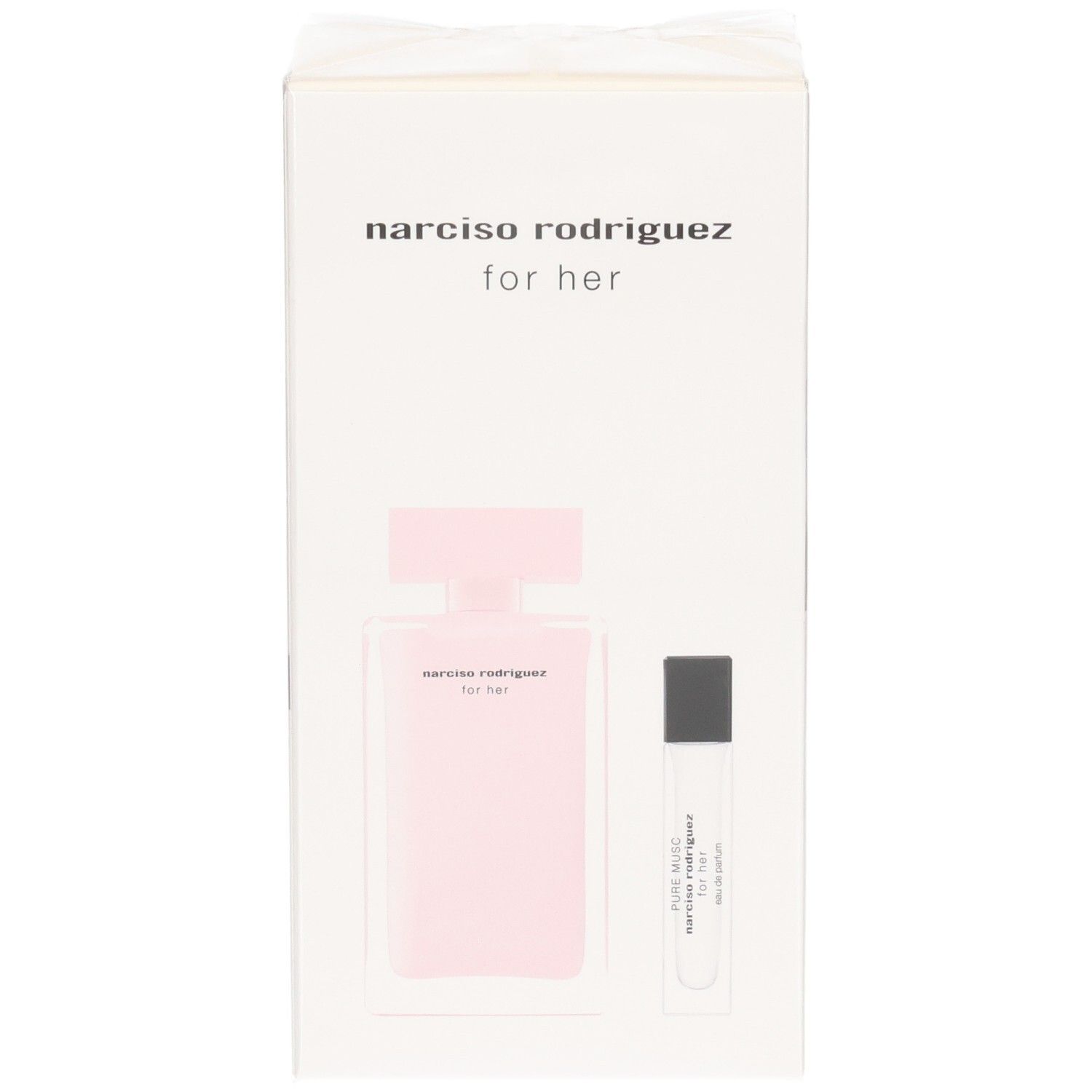 Narciso Rodriguez For Her Coffret: Rosa Eau de Parfum Flakon und ein Probenzerstäuber.