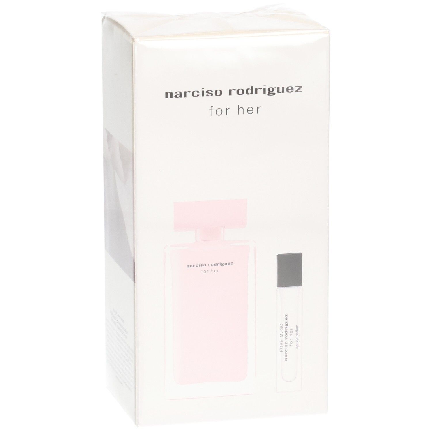 Narciso Rodriguez For Her Coffret: Rosa Eau de Parfum Flakon und ein Probenzerstäuber.