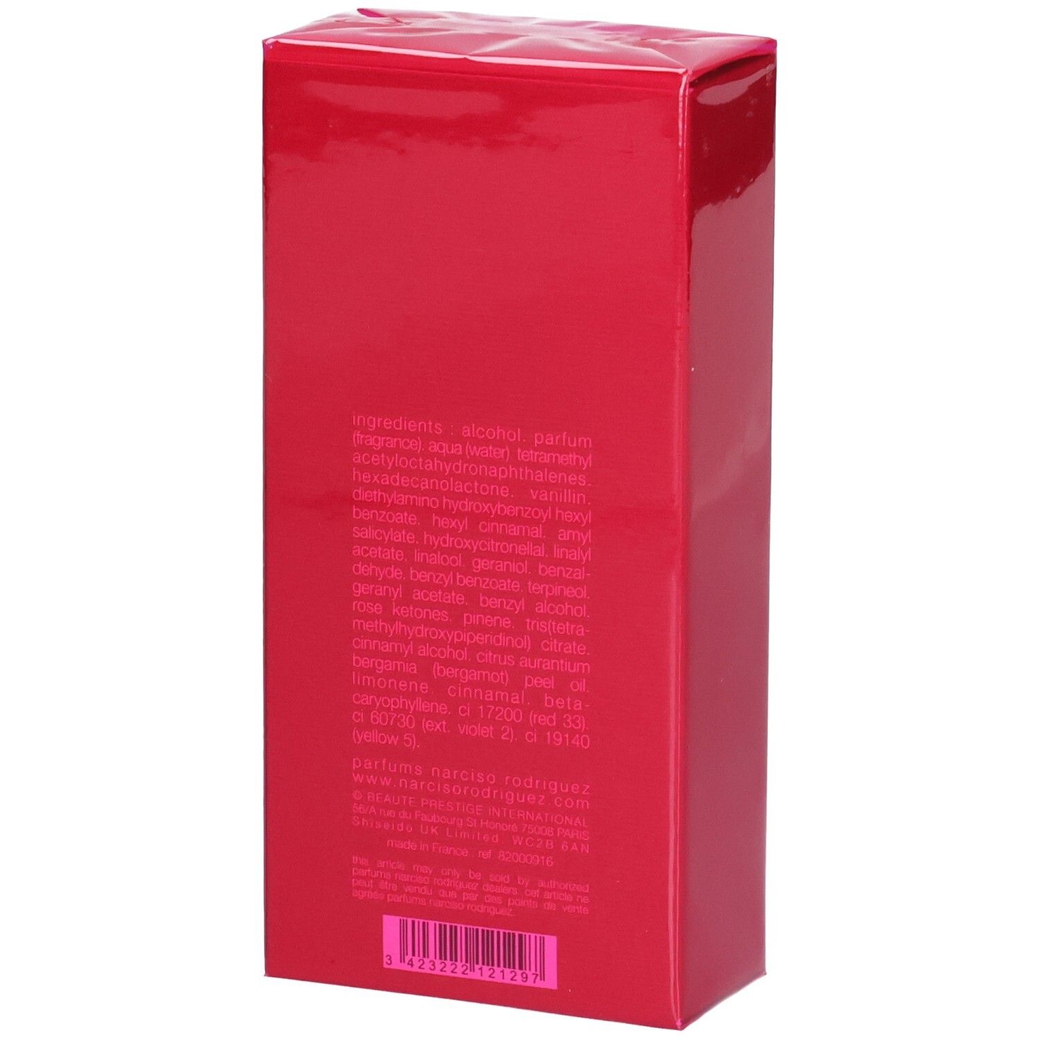 Rote Schachtel mit Narciso Rodriguez For Her Eau de Parfum Intense 100 ml, Rückseite mit Inhaltsstoffen.