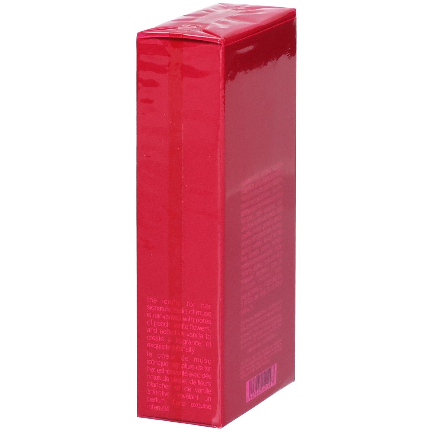 Rote Schachtel mit Narciso Rodriguez For Her Eau de Parfum Intense 100 ml, Seite mit Beschreibung.