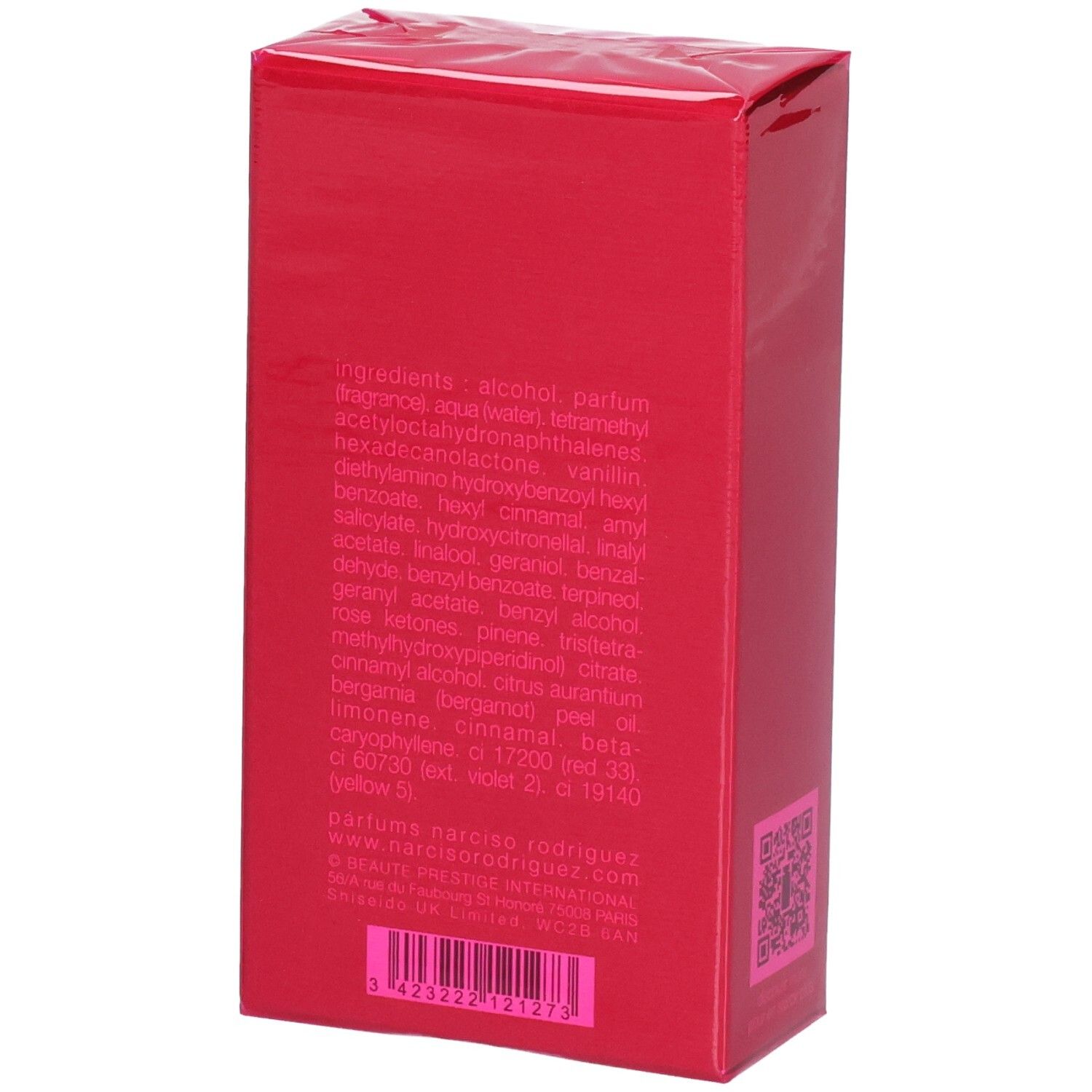 Rückseite der roten
Verpackung von Narciso Rodriguez For Her Eau de Parfum Intense mit Inhaltsstoffen.