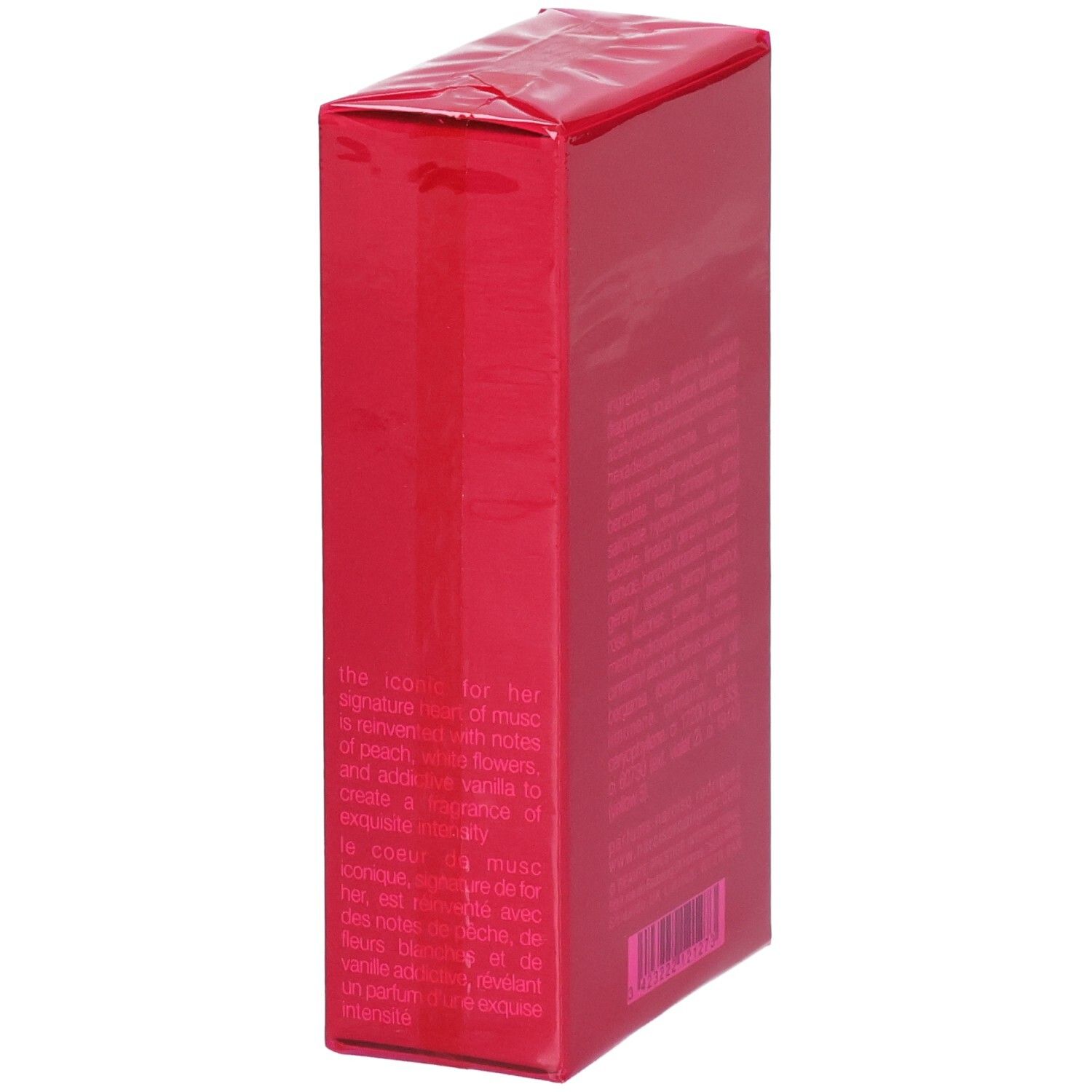 Seitenansicht der roten
Verpackung von Narciso Rodriguez For Her Eau de Parfum Intense mit Beschreibung.