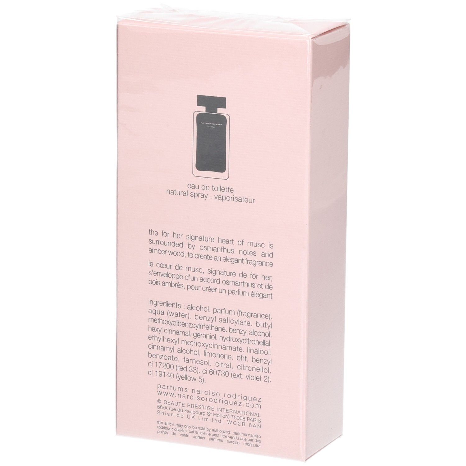 Rückseite der Narciso Rodriguez For Her Eau de Toilette Box mit Duftpyramide und Inhaltsstoffen.