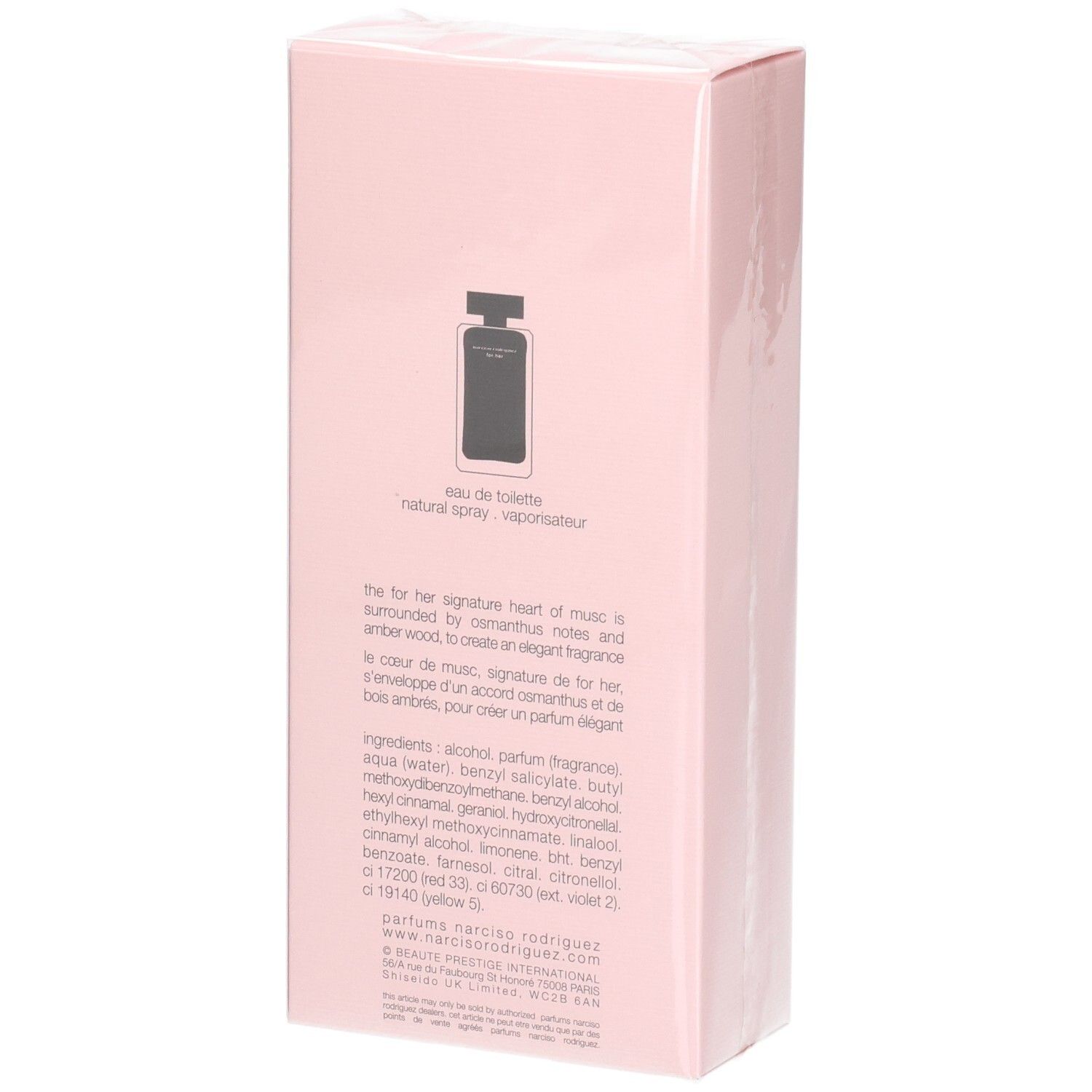 Rückseite der rosa Narciso Rodriguez For Her Eau de Toilette Verpackung mit Duftnoten.