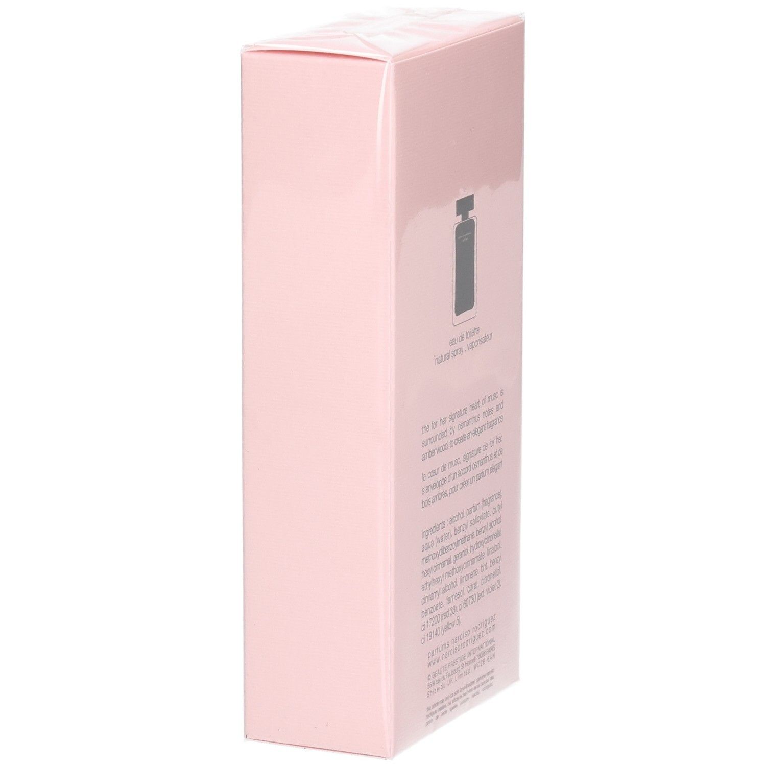 Seite der rosa Narciso Rodriguez For Her Eau de Toilette Verpackung mit Duftnoten.