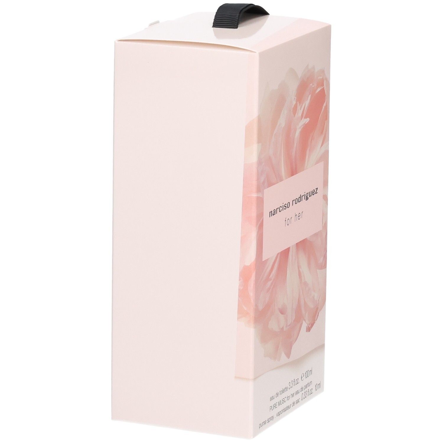 Hellrosa Geschenkbox mit floralem Muster und schwarzer Schlaufe. Narciso Rodriguez for her Aufschrift.