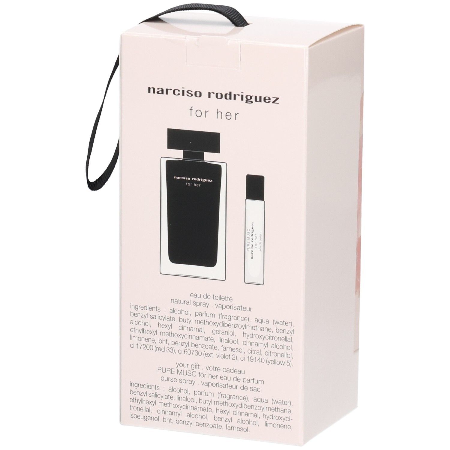 Geschenkset mit Narciso Rodriguez For Her Eau de Toilette und einem Mini-Zerstäuber.