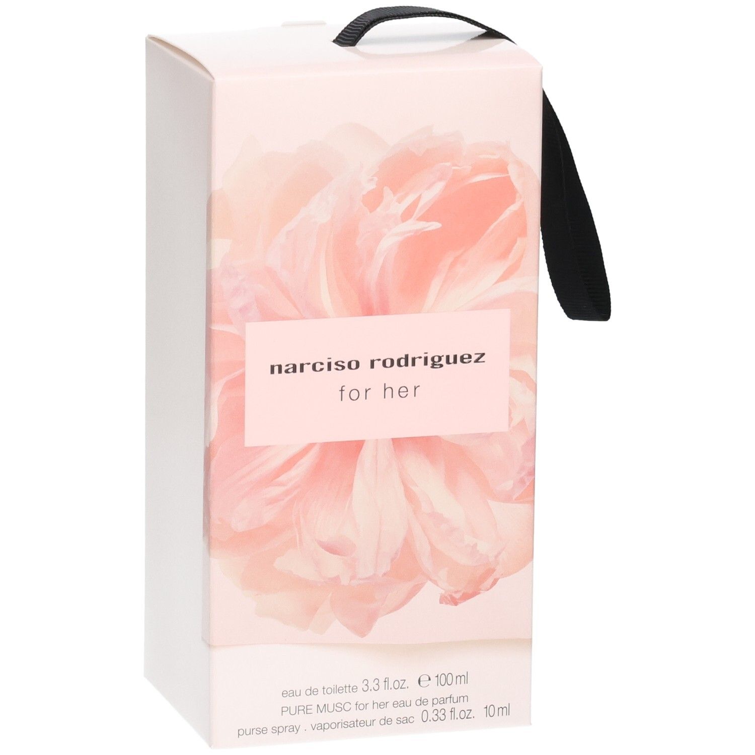 Verpackung für Narciso Rodriguez For Her Eau de Toilette, 100ml, mit Blumenmuster und Trageband.
