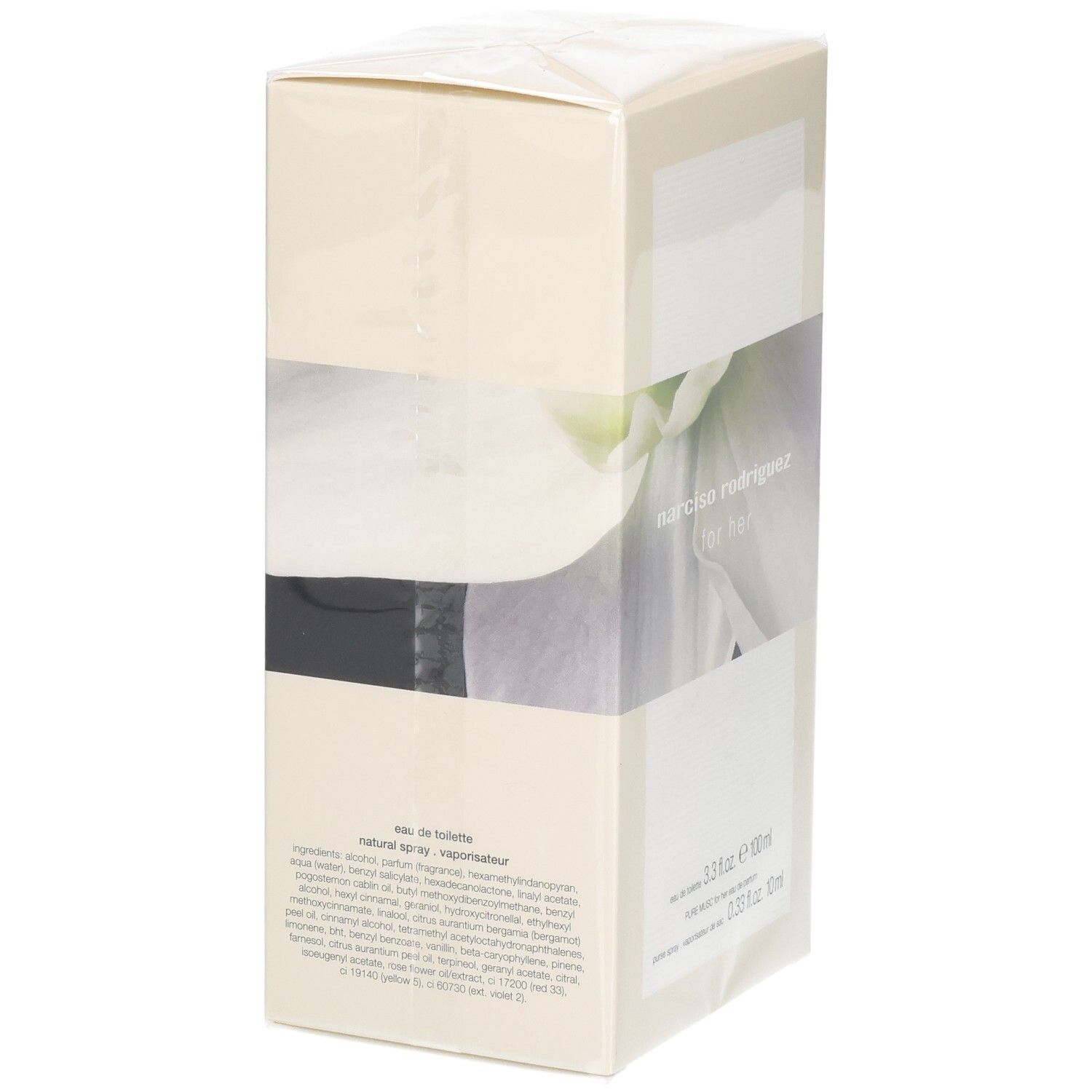 Parfümverpackung mit floralem Motiv und Aufschrift 'Narciso Rodriguez for her'.