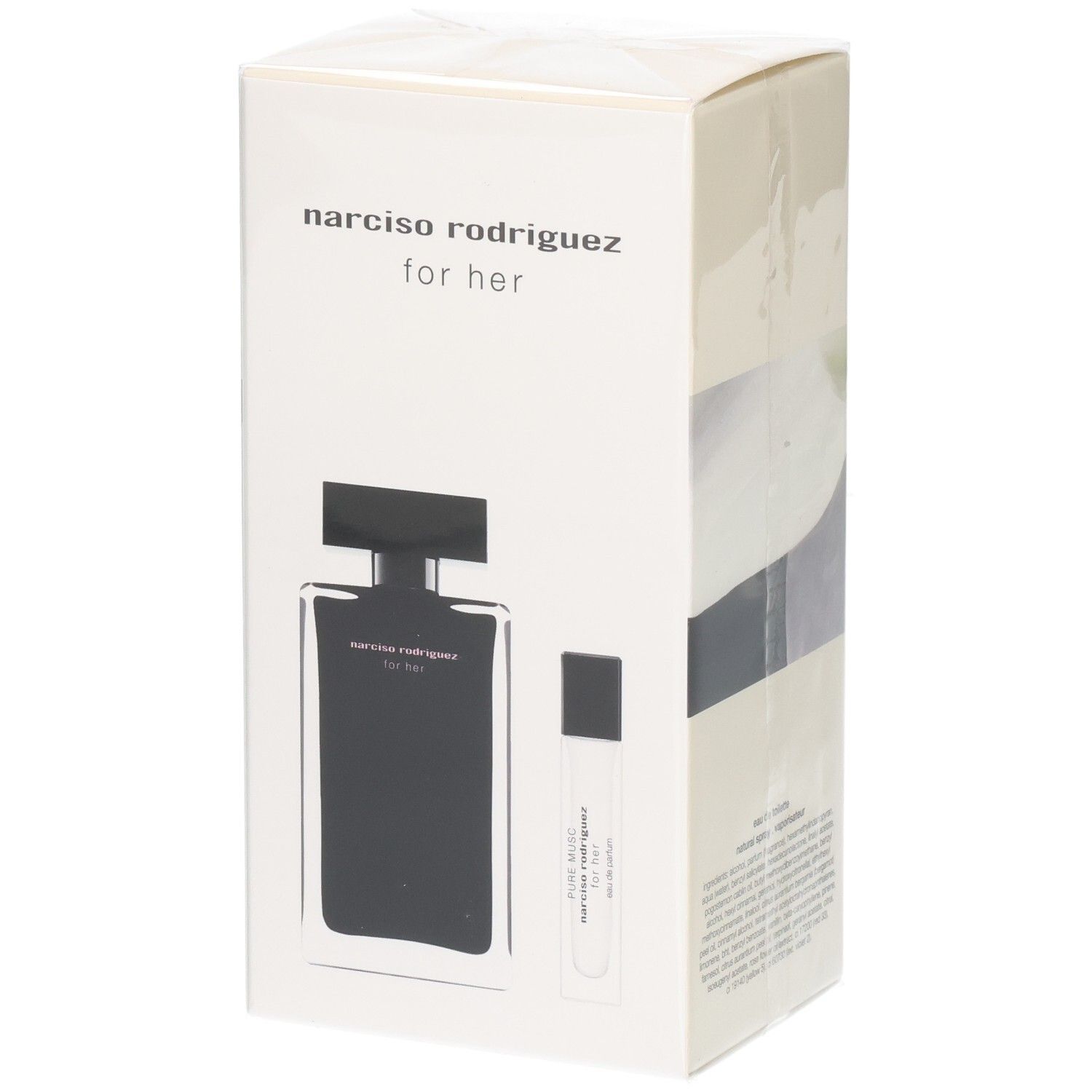 Narciso Rodriguez for her Geschenkset mit schwarzer Eau de Parfum Flasche und kleinem Rollerball.