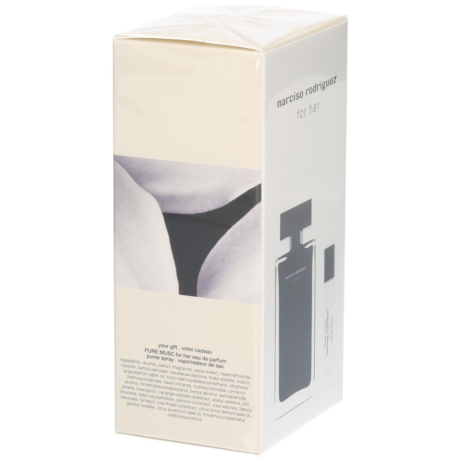 Verpackung für Narciso Rodriguez for her Eau de Parfum Pure Musc, mit Flakondarstellung und Bild einer Frau.