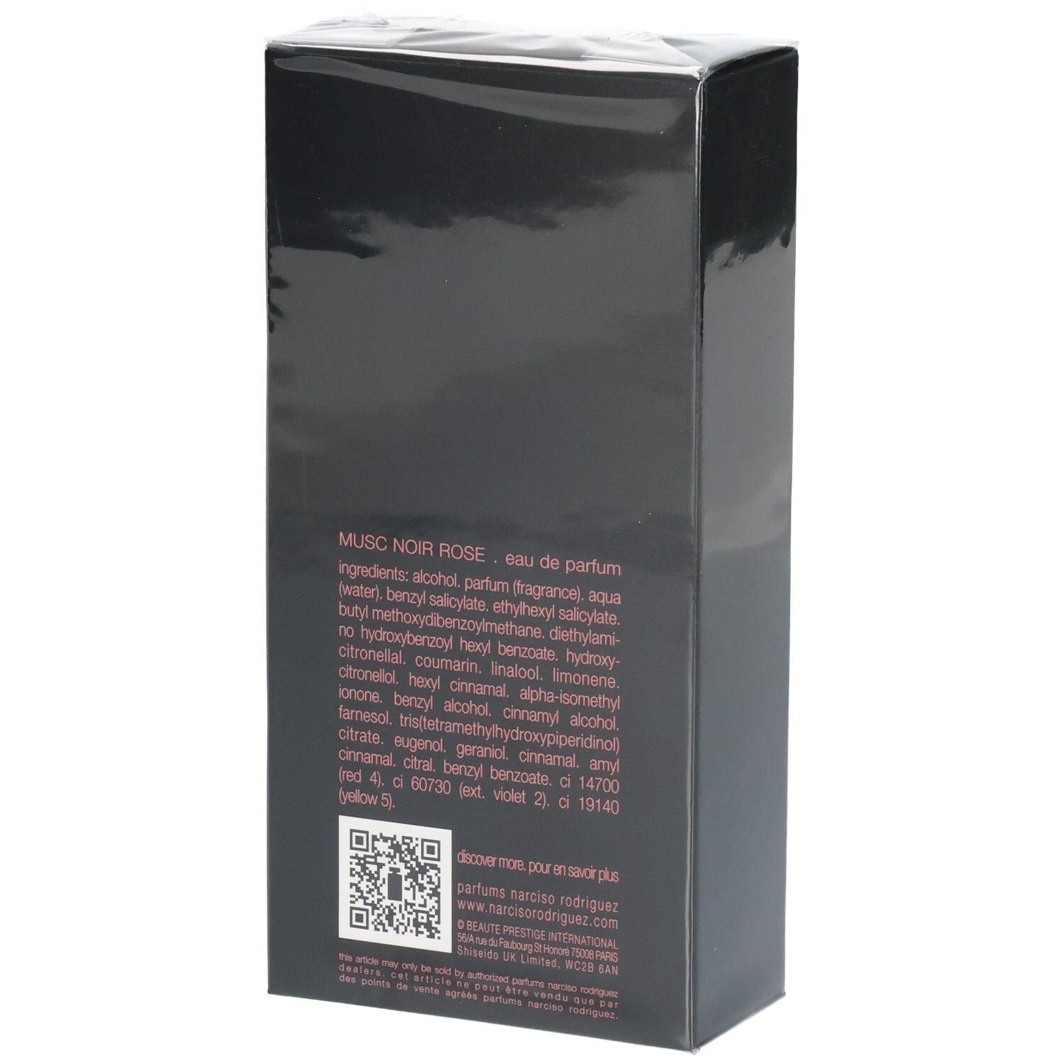 Rückseite der Verpackung von Narciso Rodriguez For Her Musc Noir Rose Eau de Parfum mit Inhaltsstoffen.