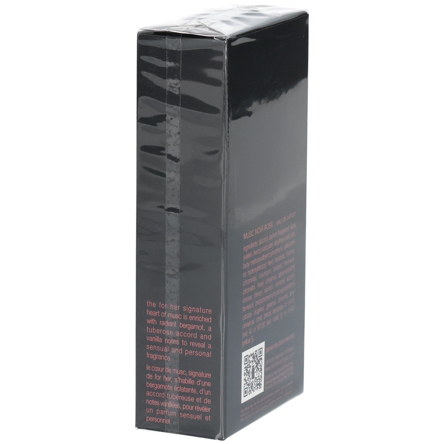 Seite der Verpackung von Narciso Rodriguez For Her Musc Noir Rose Eau de Parfum mit Beschreibung.