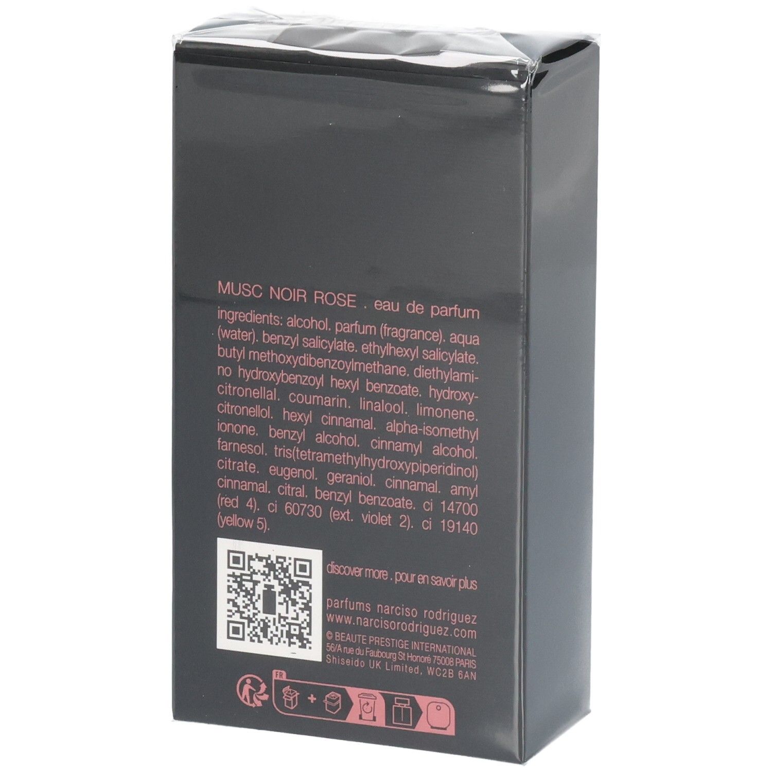 Rückseite der Narciso Rodriguez For Her Musc Noir Rose Eau de Parfum Verpackung mit Inhaltsstoffen.