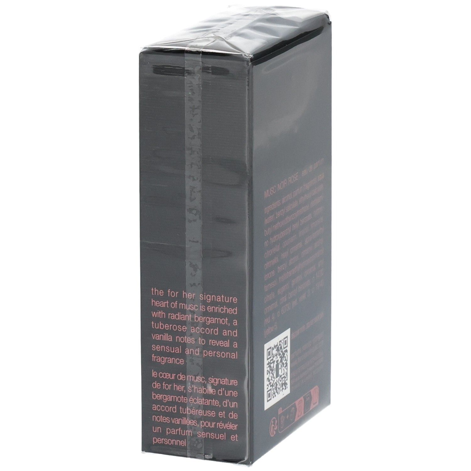 Seitenansicht der Narciso Rodriguez For Her Musc Noir Rose Eau de Parfum Verpackung mit Beschreibung.