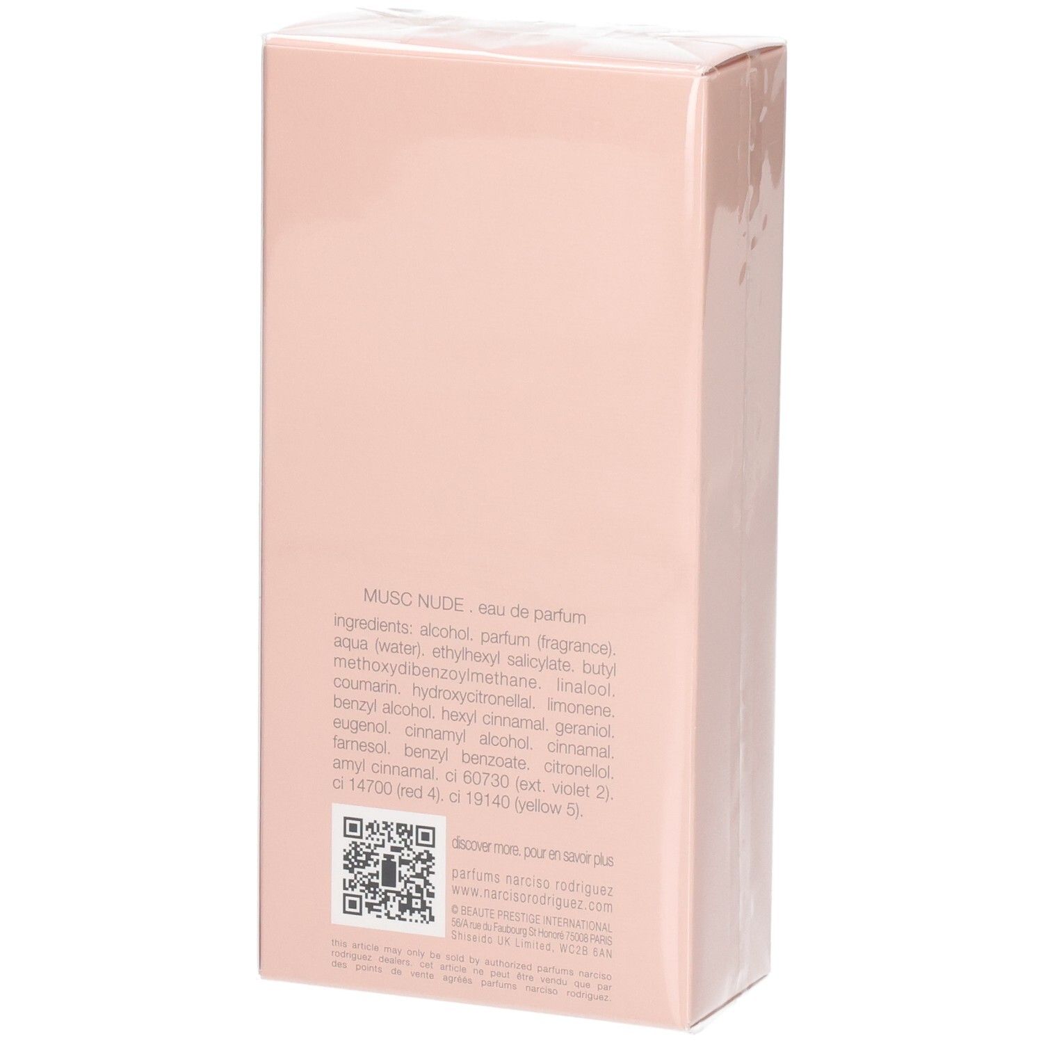 Rückseite der Verpackung mit Inhaltsstoffen und QR-Code für Narciso Rodriguez For Her Musc Nude.