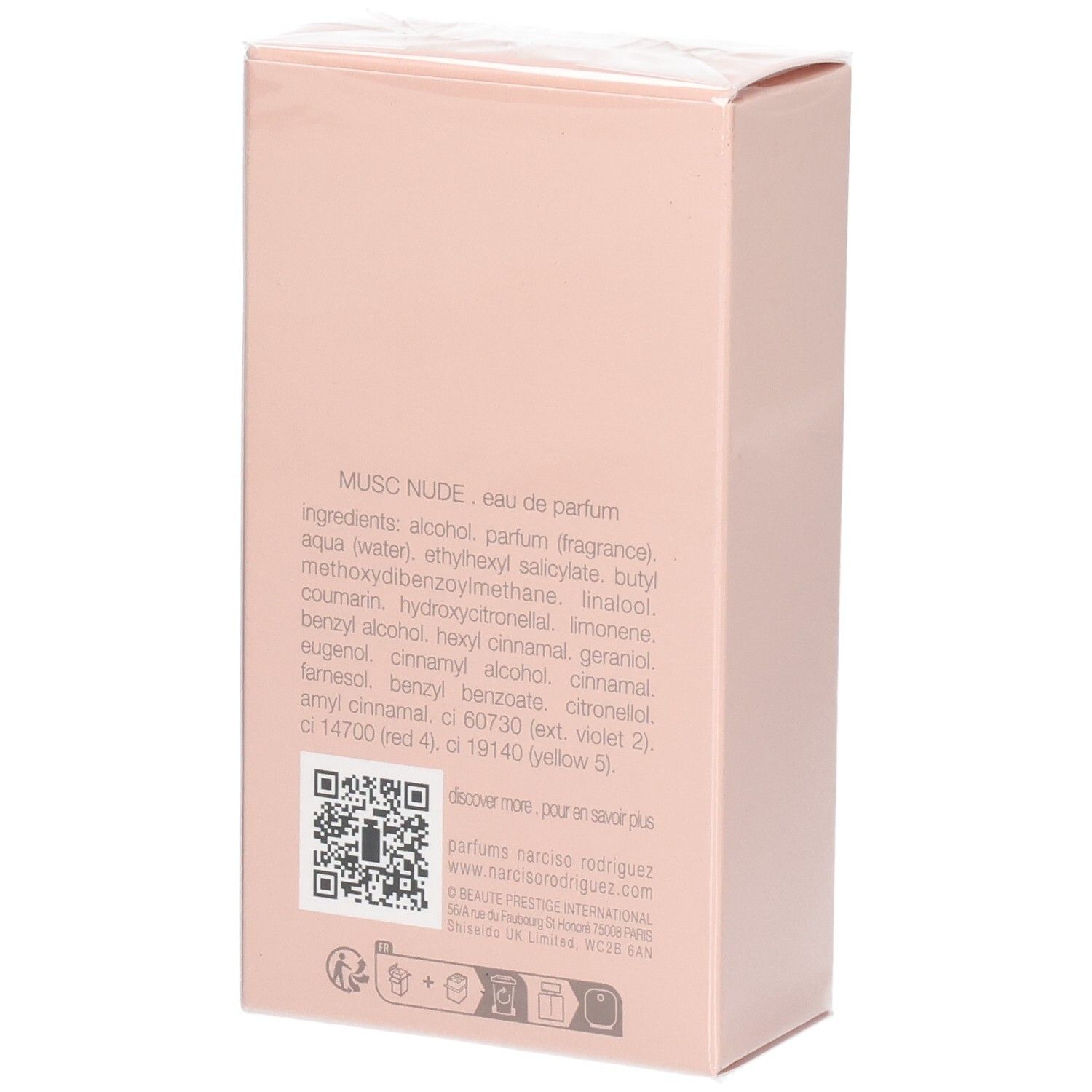 Rückseite der Verpackung mit Inhaltsstoffen und QR-Code für Narciso Rodriguez For Her Musc Nude Eau de Parfum.
