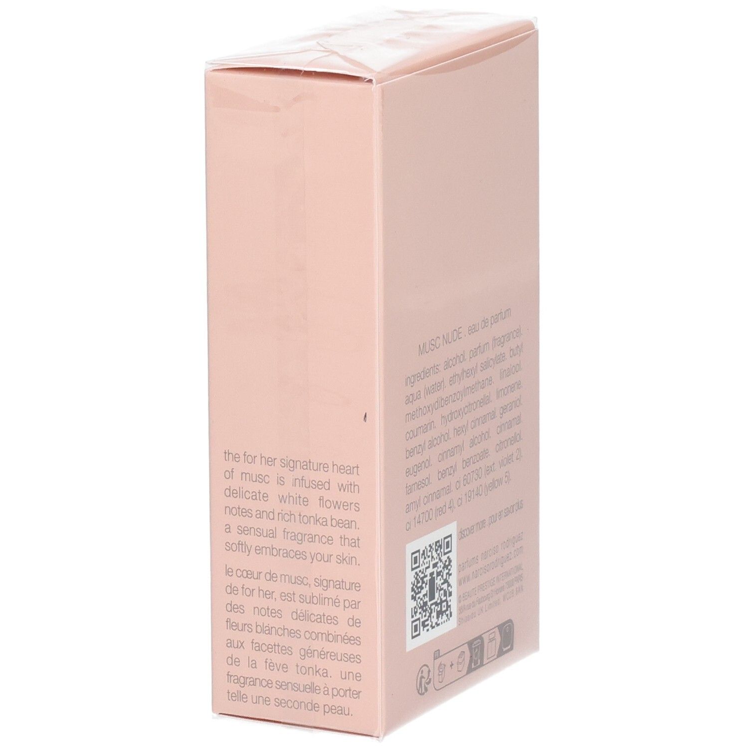 Seite der Verpackung mit Beschreibung des Duftes Narciso Rodriguez For Her Musc Nude Eau de Parfum.