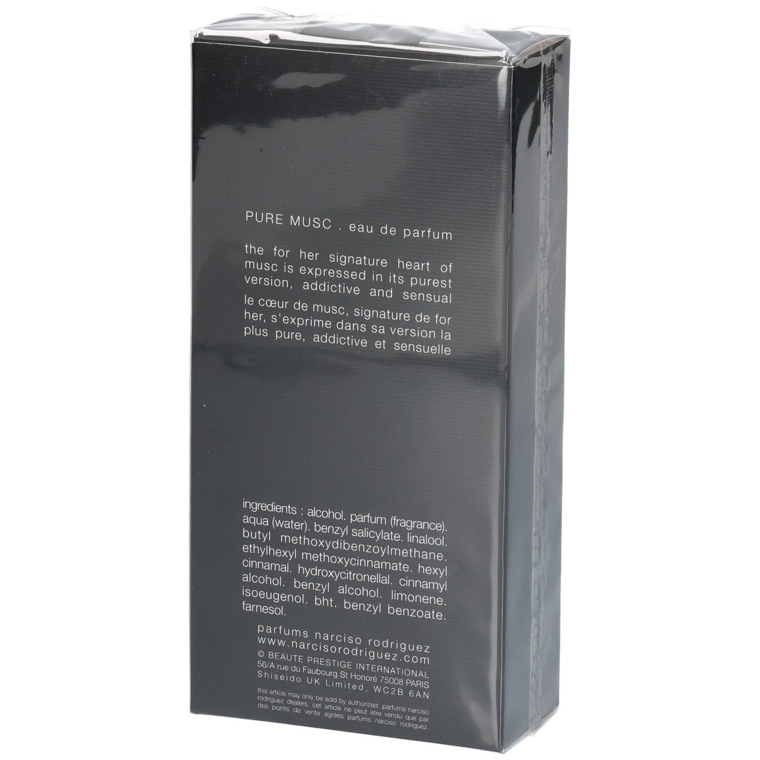 Rückseite der Narciso Rodriguez For Her Pure Musc Eau de Parfum Verpackung mit Inhaltsstoffen.