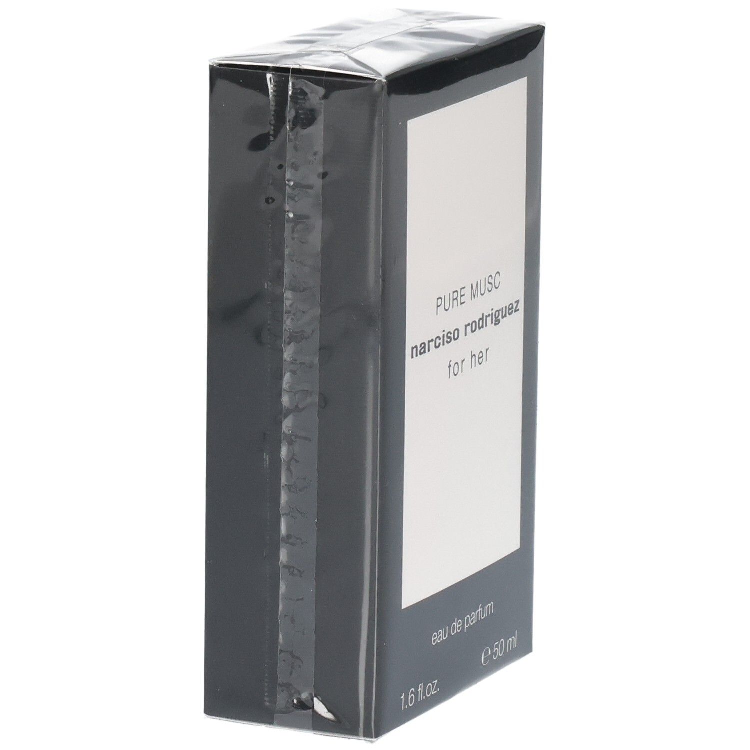 Verpackung von Narciso Rodriguez For Her Pure Musc Eau de Parfum, 50 ml, von der Seite.