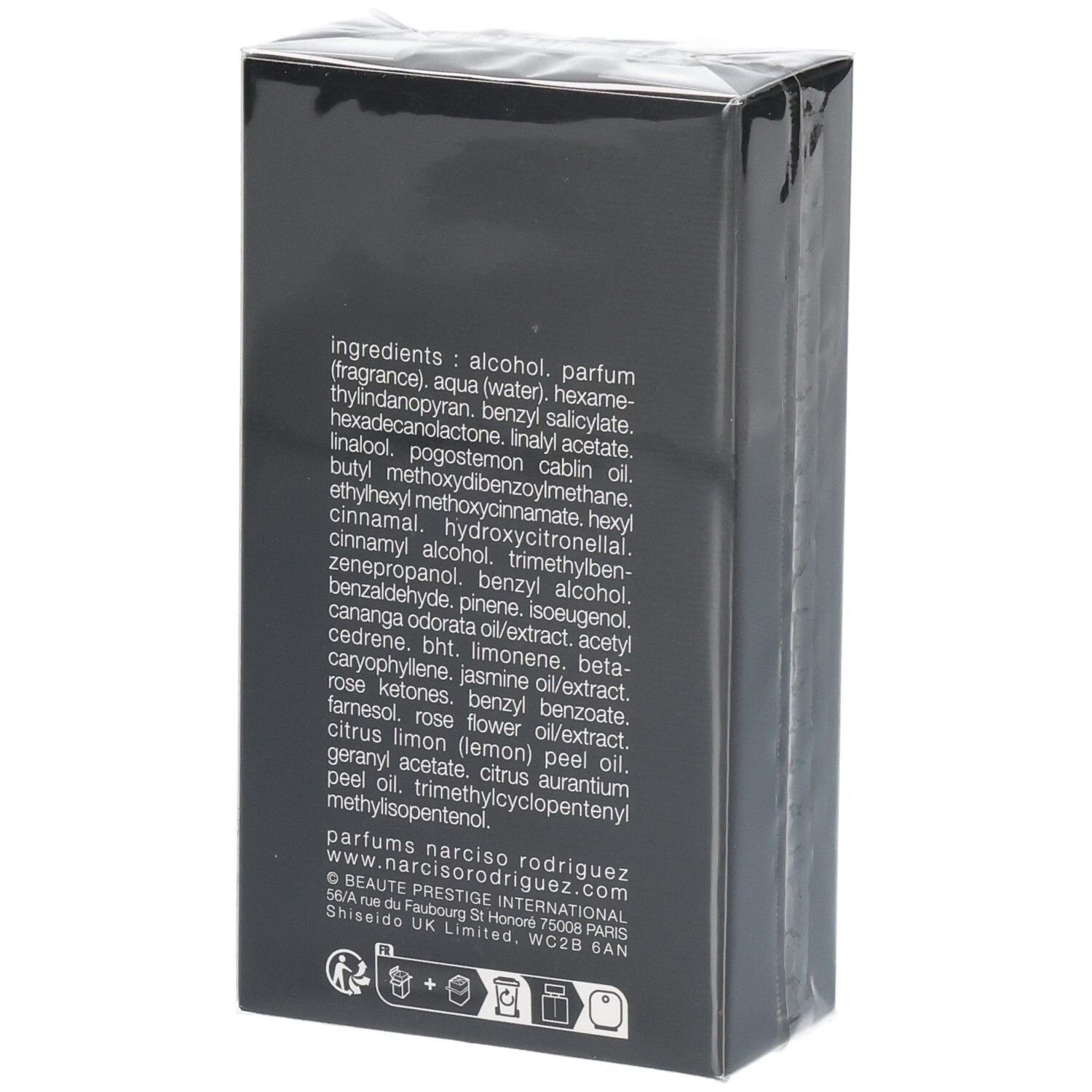 Rückseite der Verpackung von Narciso Rodriguez For Her Pure Musc Eau de Parfum mit Inhaltsstoffen.