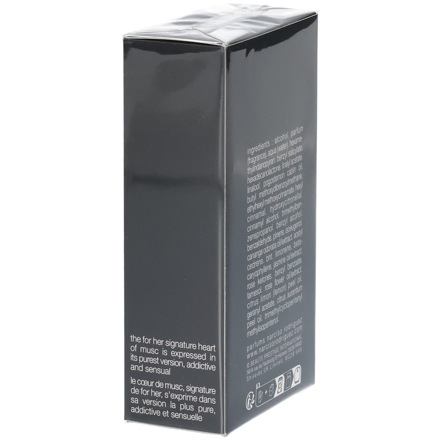 Seite der Verpackung von Narciso Rodriguez For Her Pure Musc Eau de Parfum mit Beschreibung.