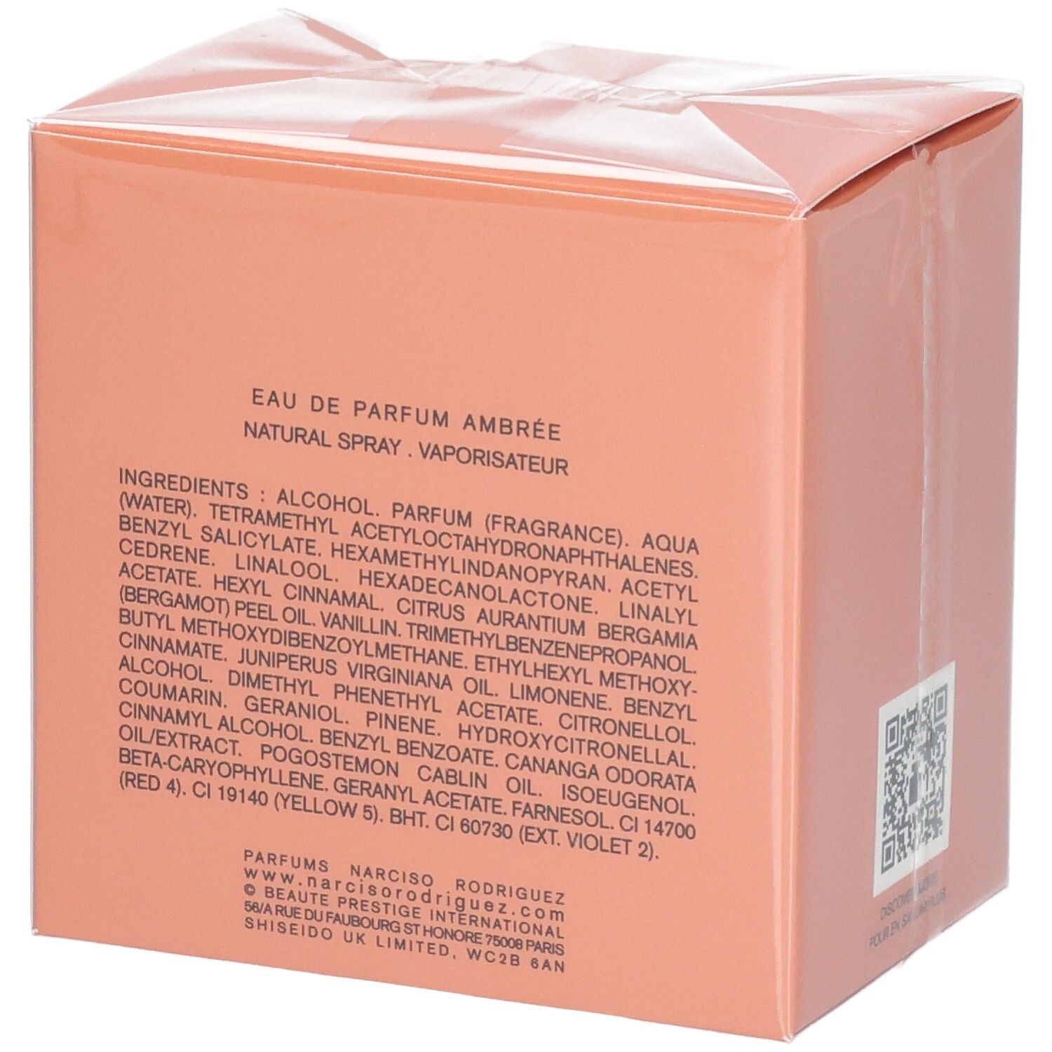 Rückseite der Verpackung von Narciso Rodriguez Eau de Parfum Ambrée mit Inhaltsstoffen.