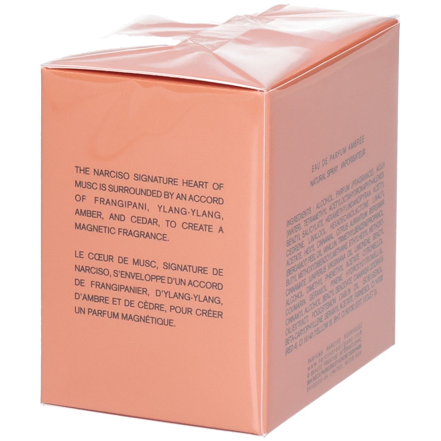 Seite der Verpackung von Narciso Rodriguez Eau de Parfum Ambrée mit Beschreibung.
