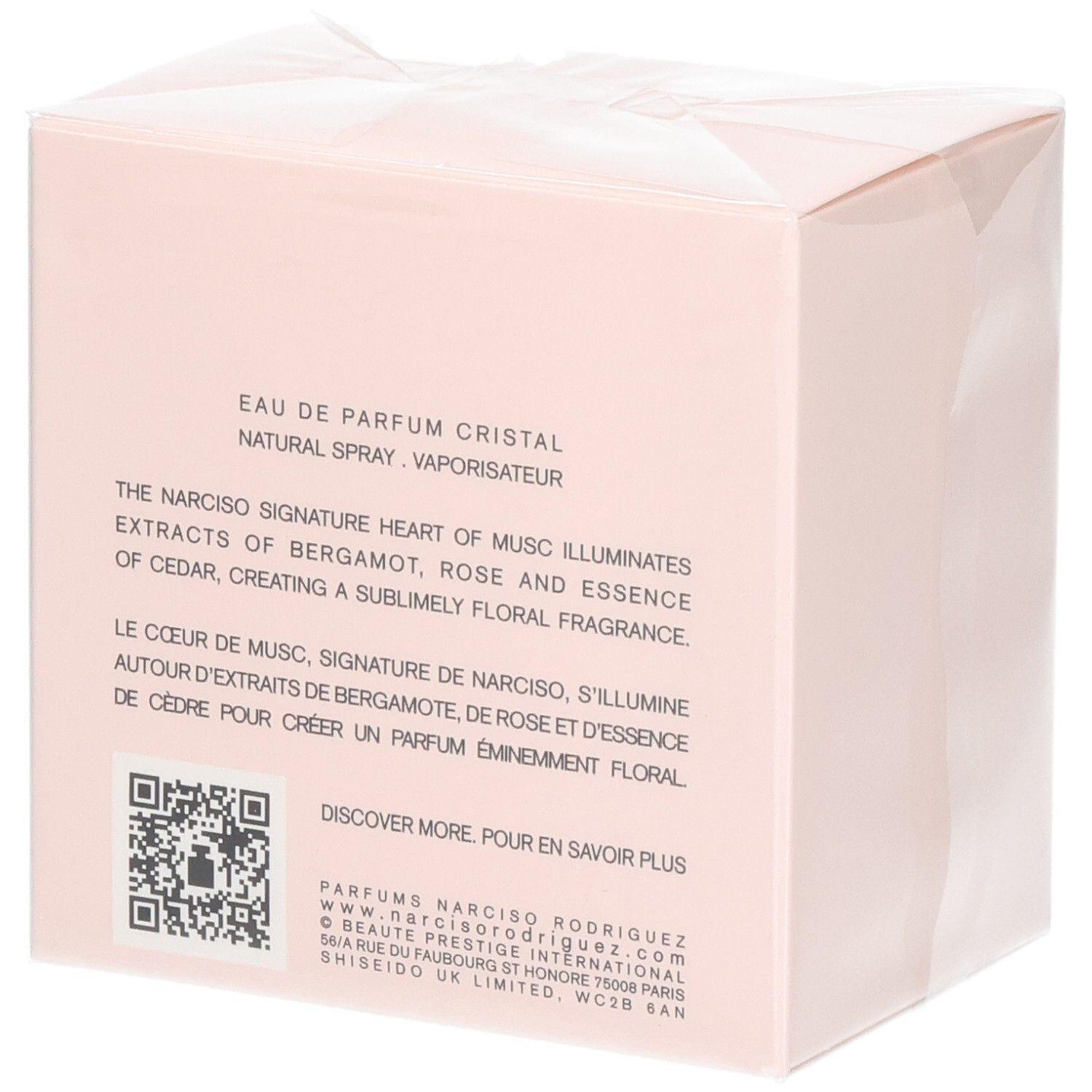 Rückseite der Verpackung von Narciso Rodriguez Eau de Parfum Cristal, 50 ml, mit Produktbeschreibung.
