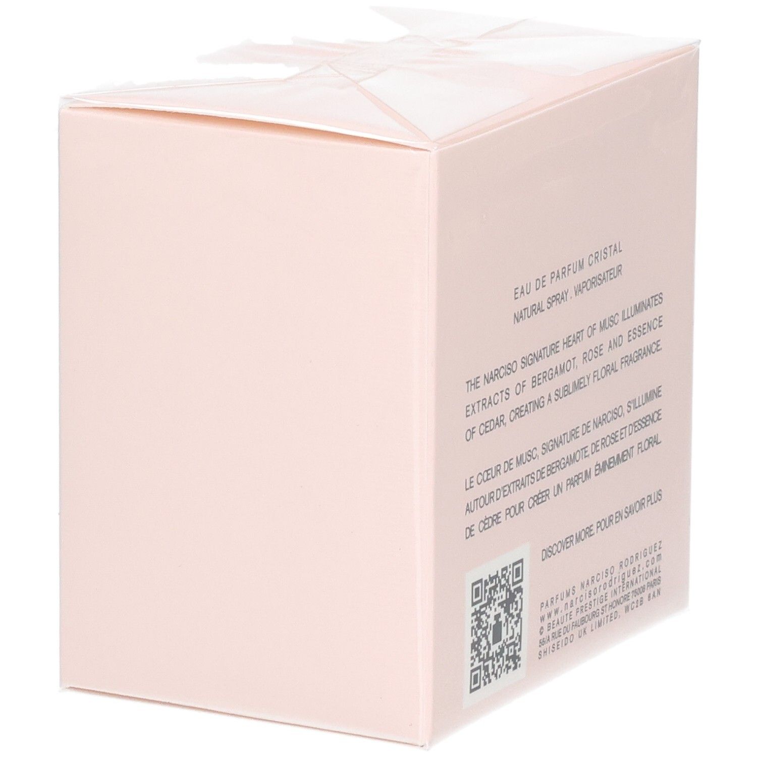 Rückseite der Verpackung von Narciso Rodriguez Eau de Parfum Cristal, 50 ml, mit Produktbeschreibung.