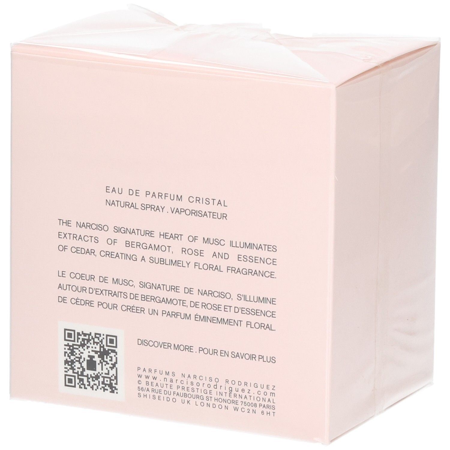 Rückseite der Narciso Cristal Eau de Parfum Verpackung mit Produktinformationen.