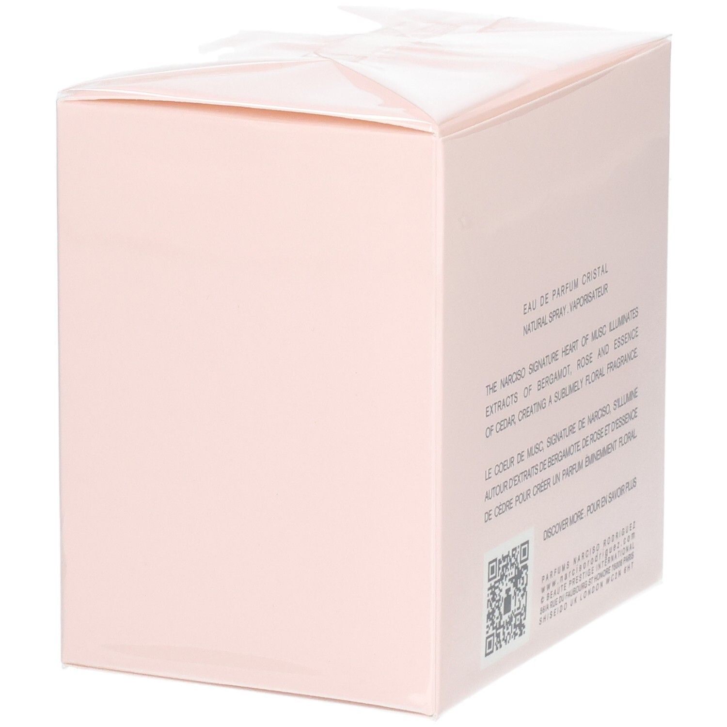 Rückseite der Narciso Cristal Eau de Parfum Verpackung mit Produktinformationen.