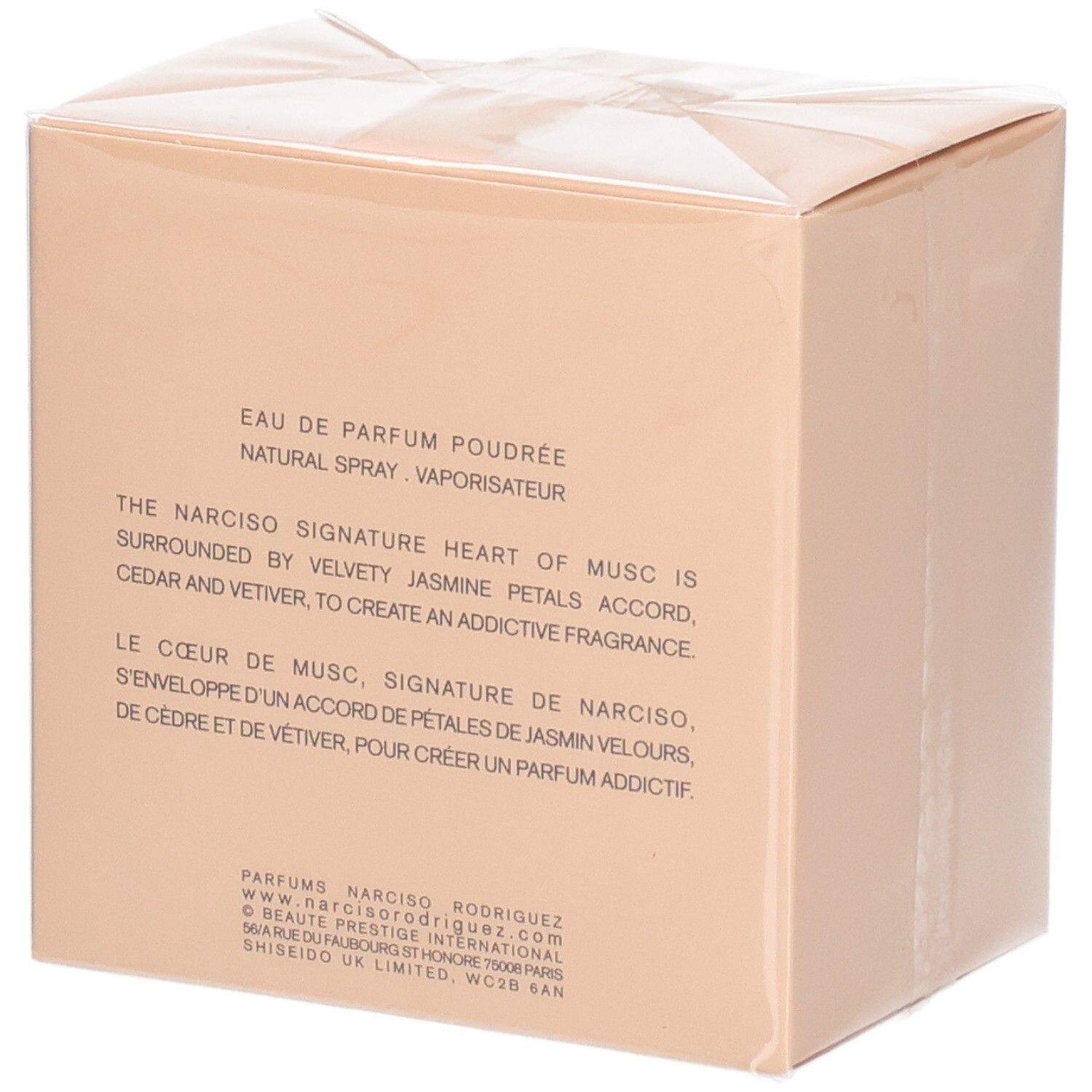 Rückseite der Narciso Rodriguez Narciso Poudrée Eau de Parfum Verpackung mit Beschreibung.
