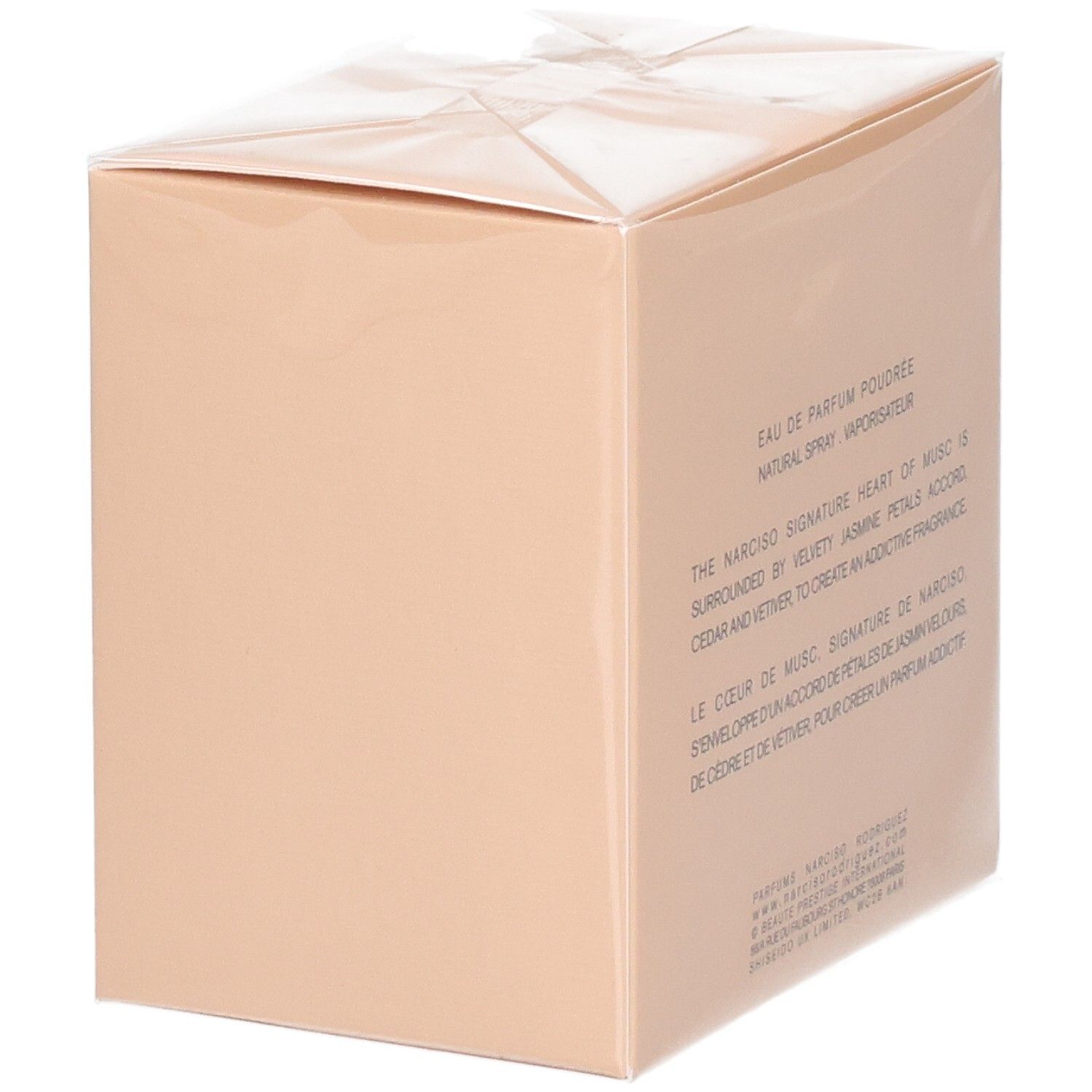 Rückseite der Narciso Rodriguez Narciso Poudrée Eau de Parfum Verpackung mit Beschreibung.