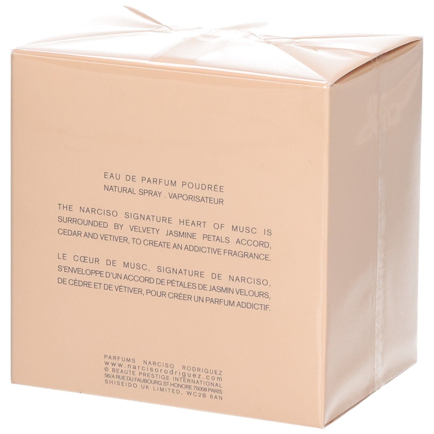 Rückseite der Verpackung von Narciso Rodriguez Eau de Parfum Poudrée mit Duftbeschreibung.