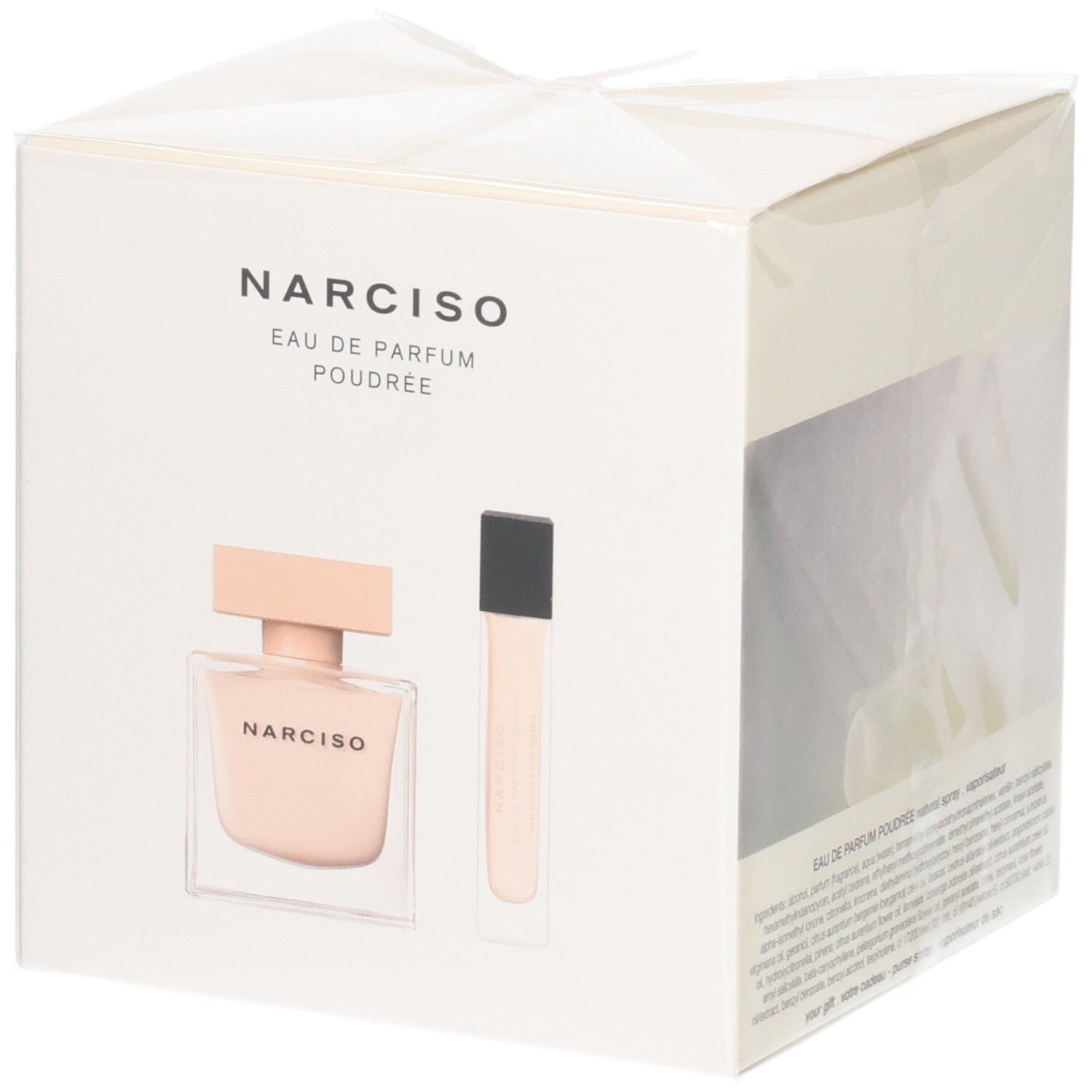 Geschenkset mit Narciso Eau de Parfum Poudree Flakon und einem kleineren Duftzerstäuber.