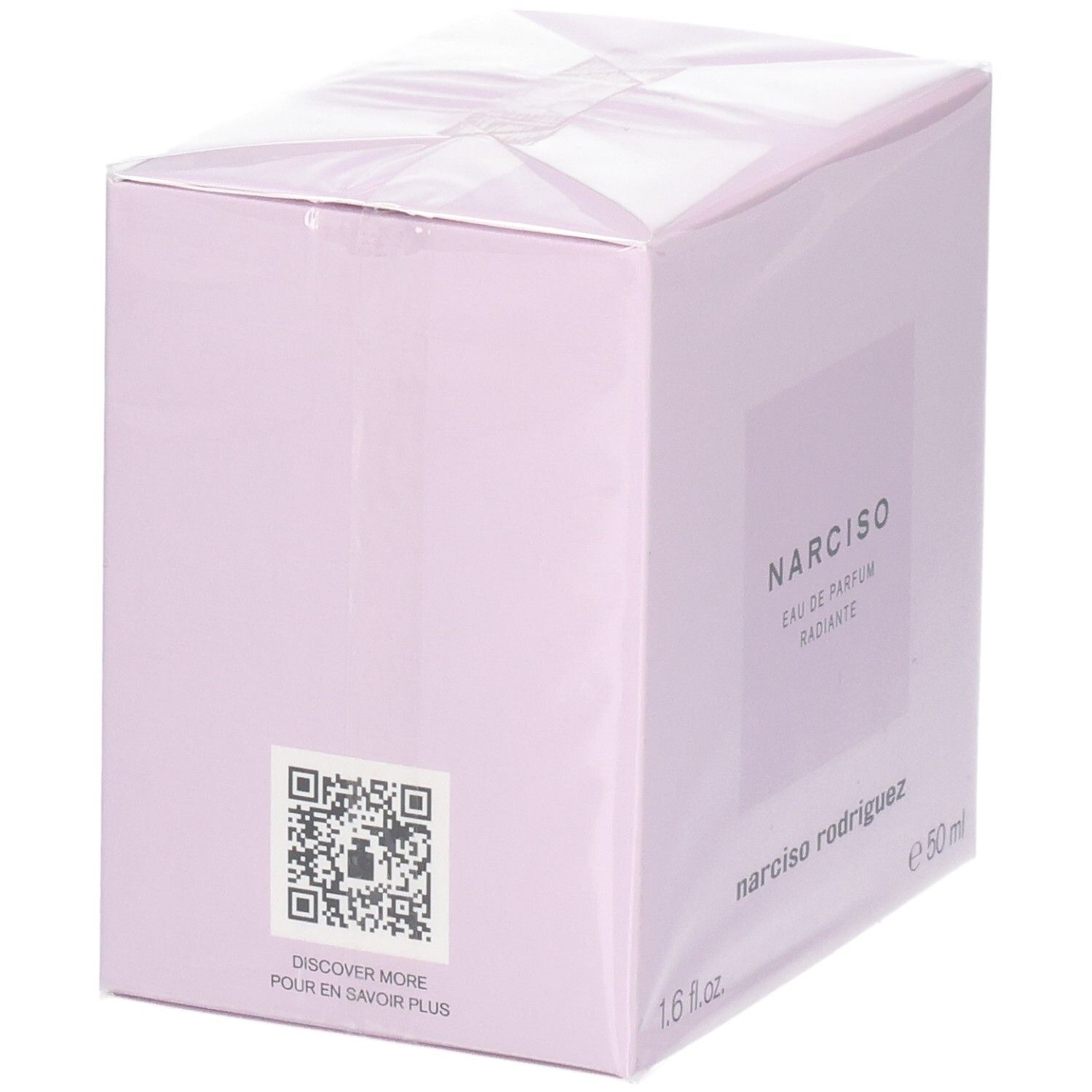 Verpackung von Narciso Eau de Parfum Radiante, 50ml. Rosa Karton mit QR-Code.