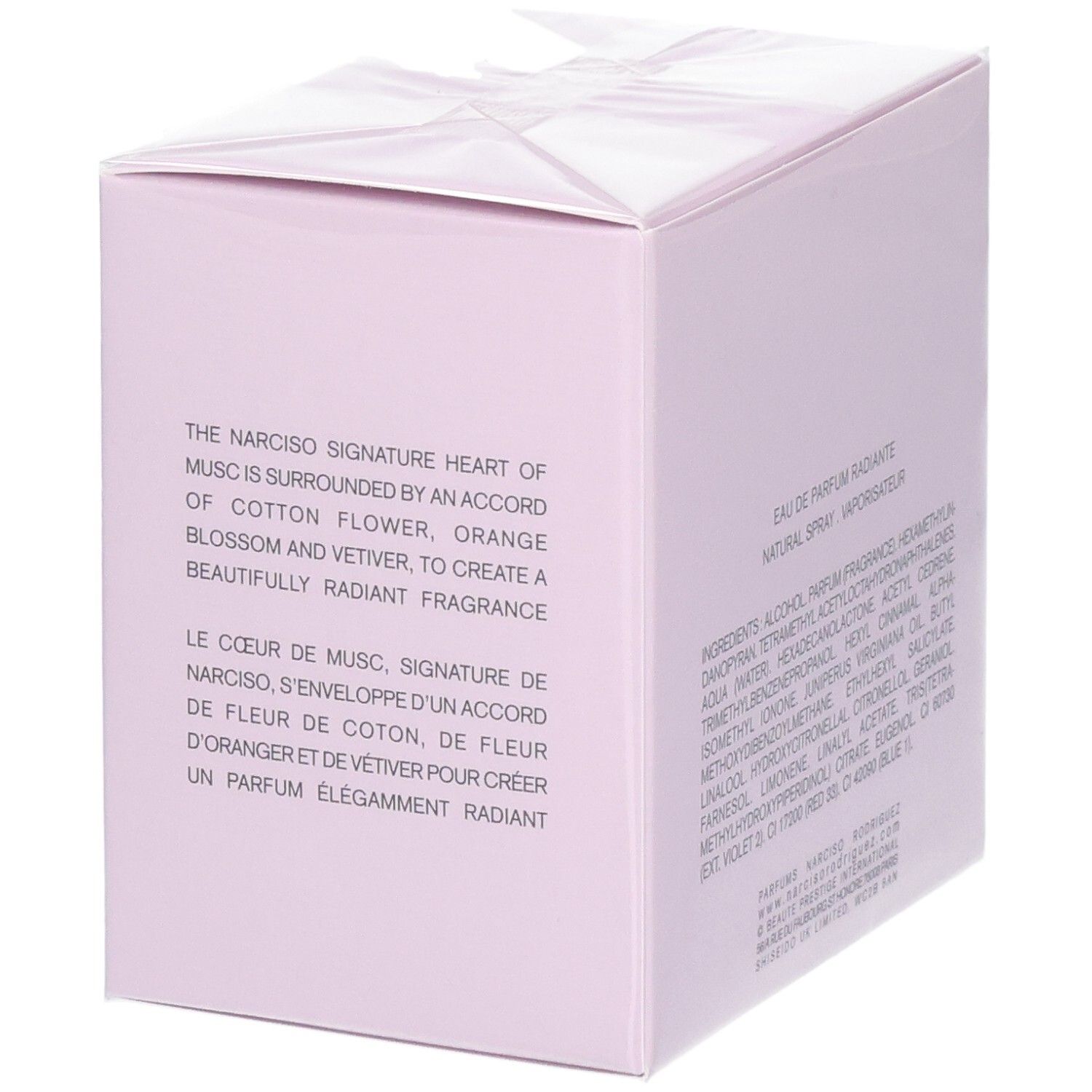 Verpackung für Narciso Rodriguez For Her Eau de Parfum, rosa Karton mit Text.