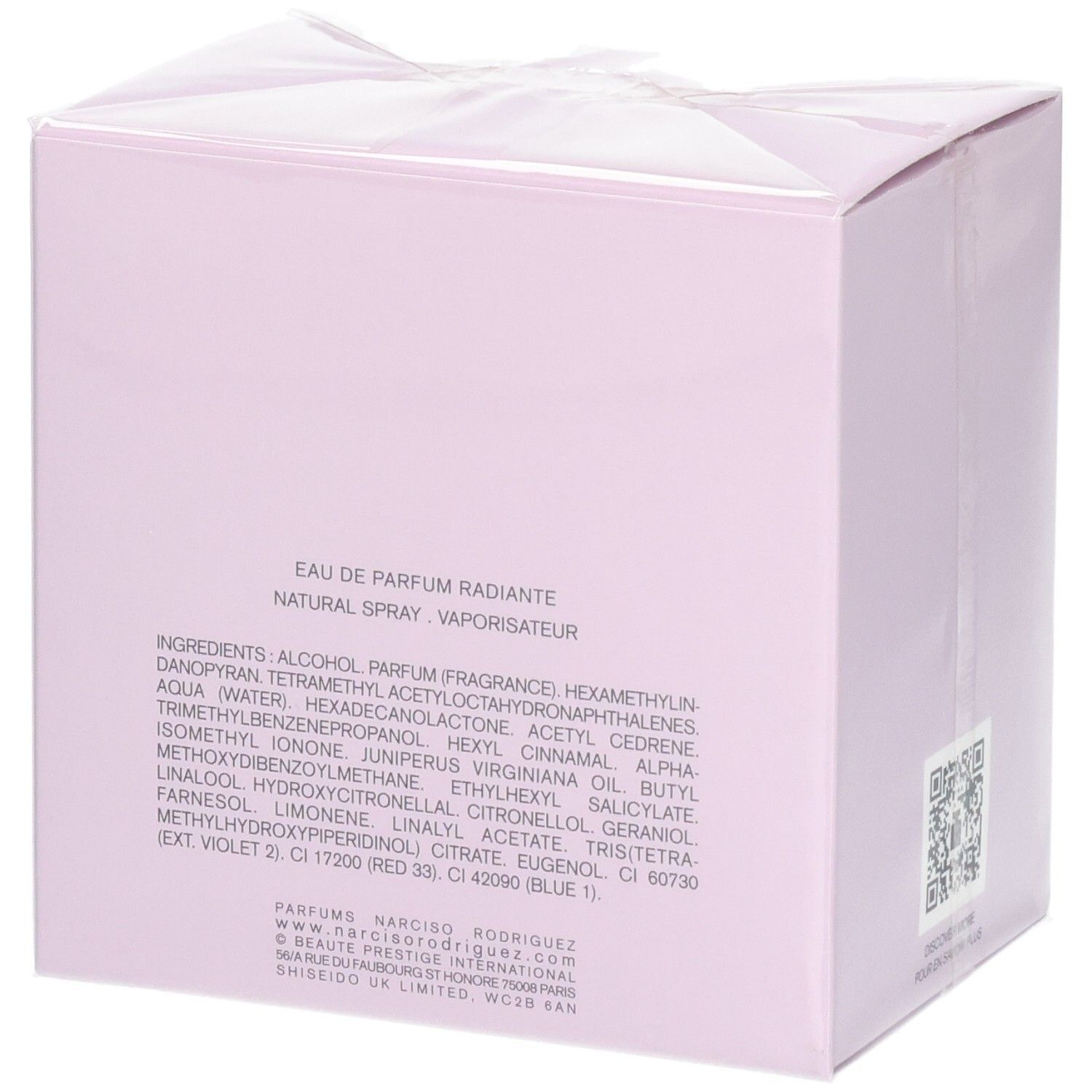 Parfümverpackung mit Inhaltsstoffangaben und Markenlogo.