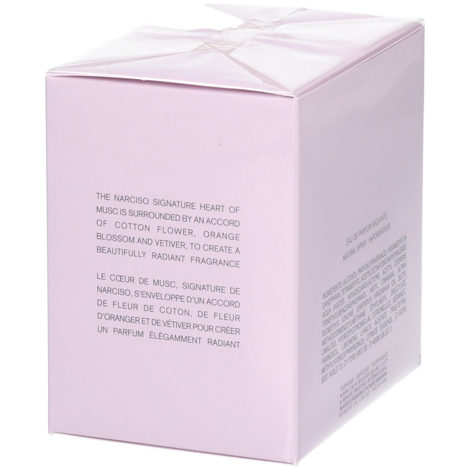 Rosa Parfümverpackung mit Textbeschreibung der Duftnoten.