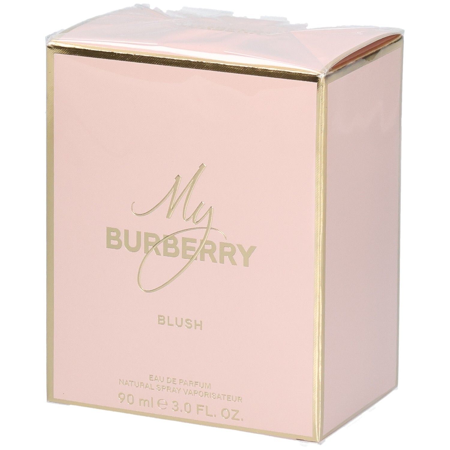 Verpackung von My Burberry Blush Eau de Parfum in Rosa mit goldenen Akzenten.