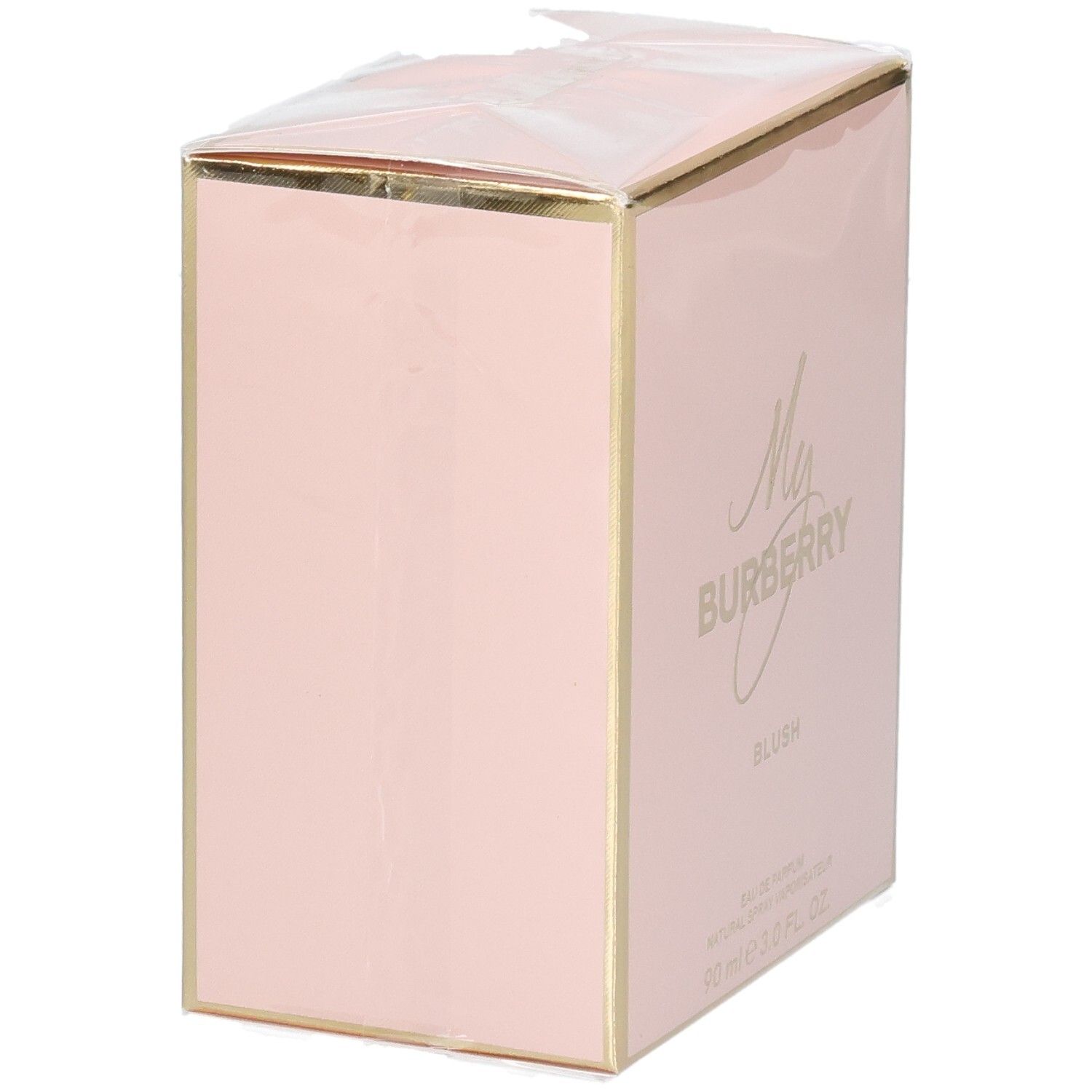Seite der rosa Verpackung von My Burberry Blush Eau de Parfum mit goldenen Kanten.